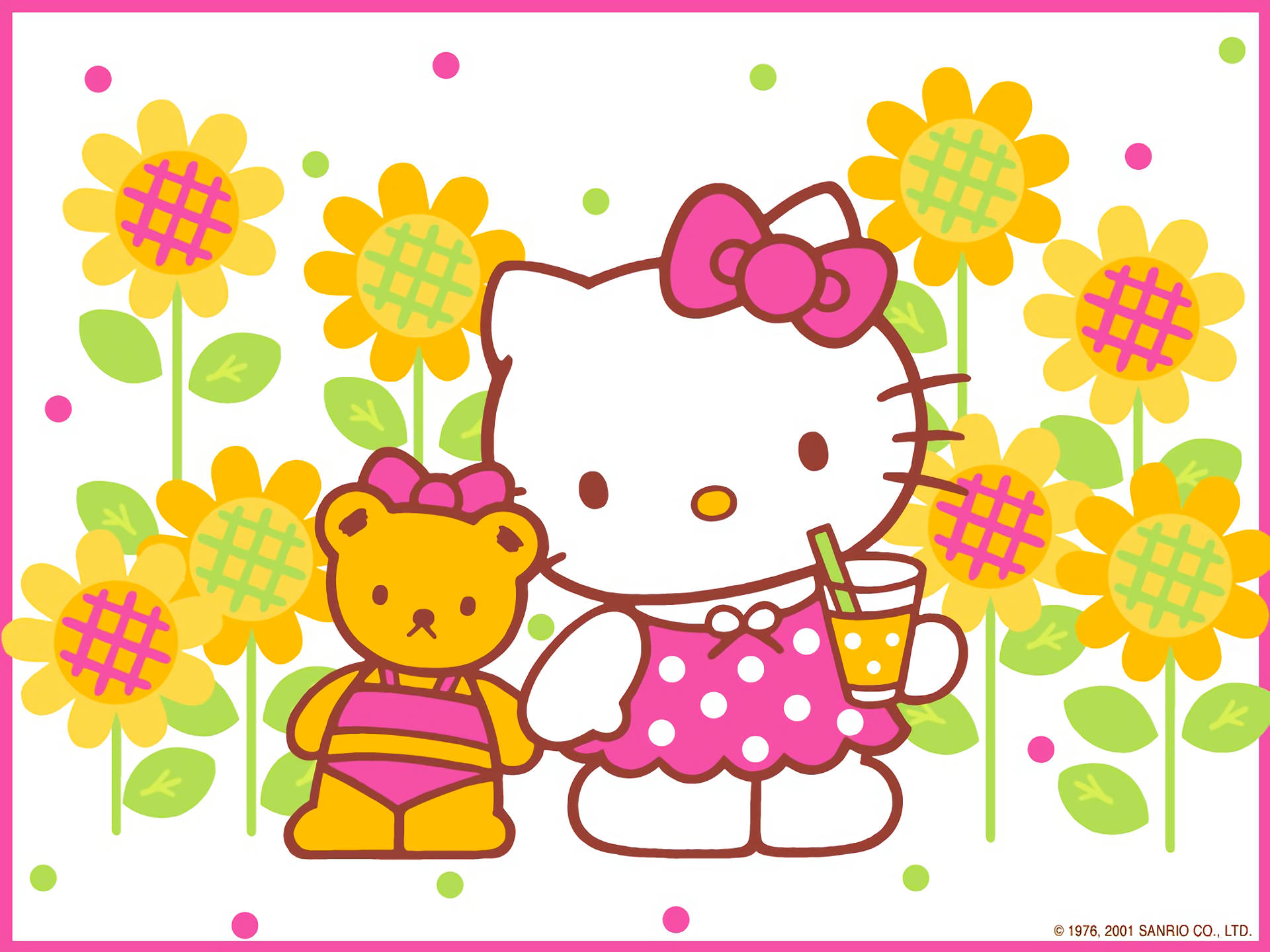 Hello 桌布 壁紙 — Hello Kitty 和一個穿著粉紅色衣服的泰迪熊站在帶有粉紅色格子圖案的鮮黃色花朵中。