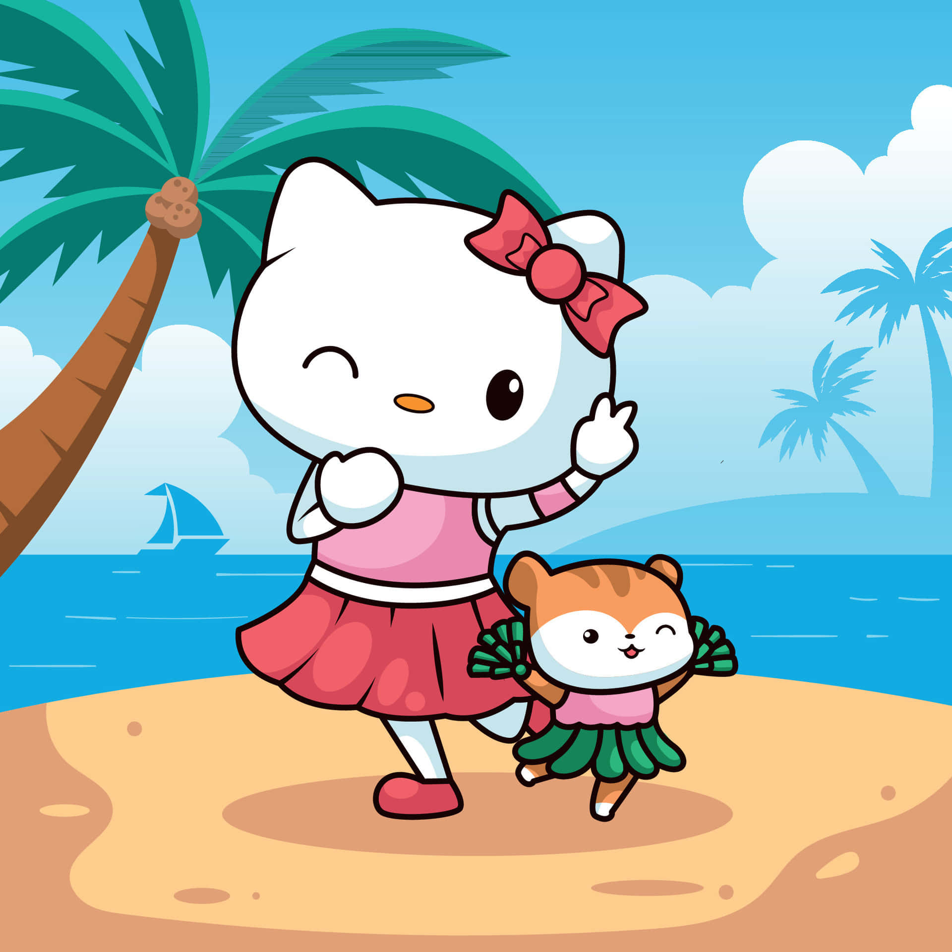 Dancing Cat 桌布 壁紙 — Hello Kitty 和一隻小狐狸穿著相配的粉紅色和綠色服裝，在陽光明媚的海灘上快樂地跳舞，背景有棕櫚樹和海洋。