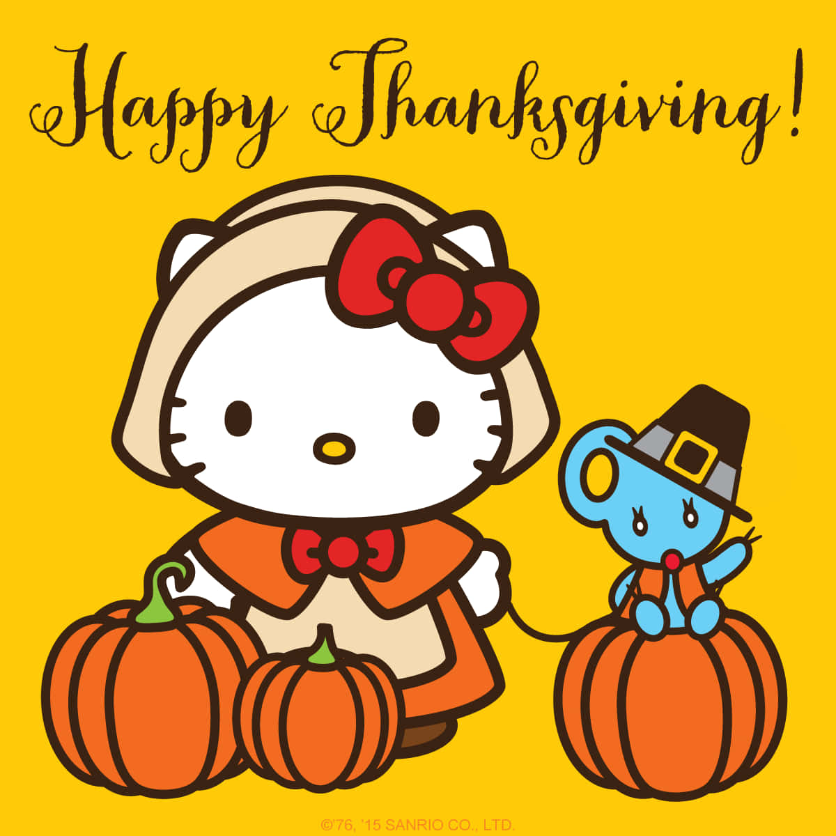 Hello Kitty Thanksgiving 桌布 壁紙 — Hello Kitty 和一隻戴著朝聖者帽子的藍色老鼠坐在南瓜旁邊，背景是明亮的黃色，上面寫著「Happy Thanksgiving!」。