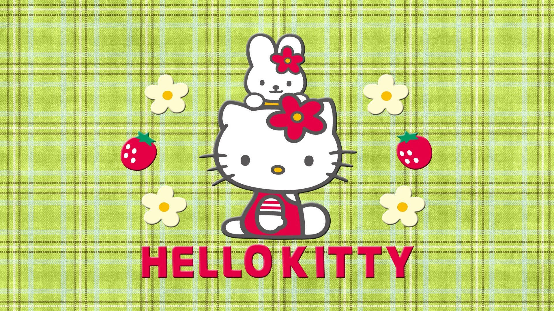 Hello 桌布 壁紙 — Hello Kitty 和一隻拿著紅色花的兔子坐在綠色格紋背景上，周圍有草莓和雛菊。