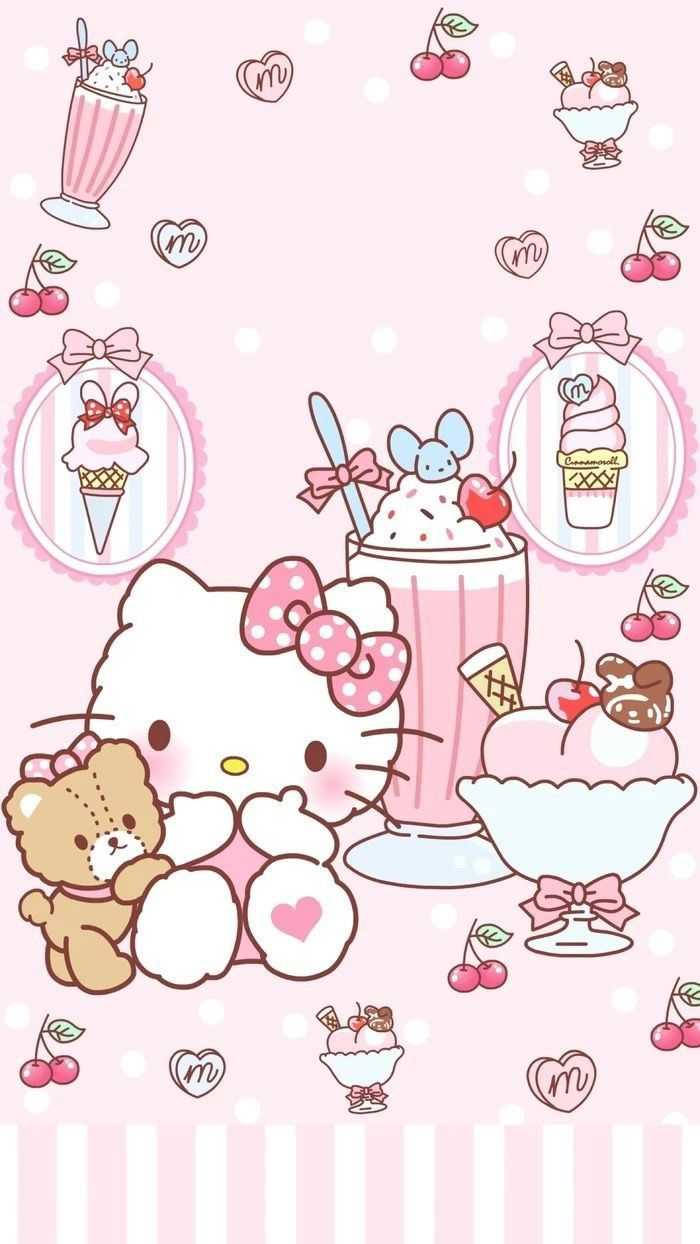 Hello 桌布 壁紙 — Hello Kitty 和一隻泰迪熊坐在一個高聳的粉紅色奶昔旁邊，周圍是甜點和櫻桃，背景是圓點圖案。