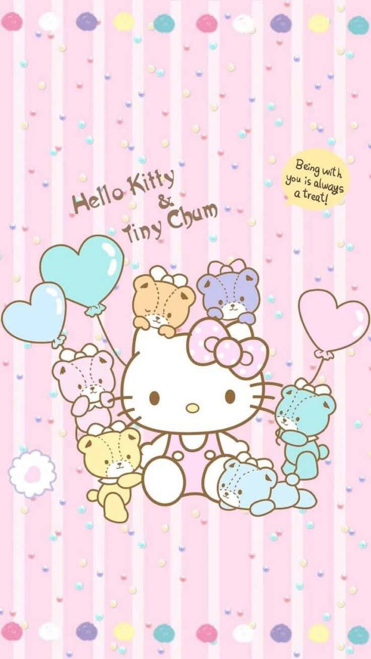 桌布 壁紙 — Hello Kitty 和她的小熊朋友們在條紋粉紅背景上，漂浮在粉彩氣球之間，周圍散落著五彩紙屑。