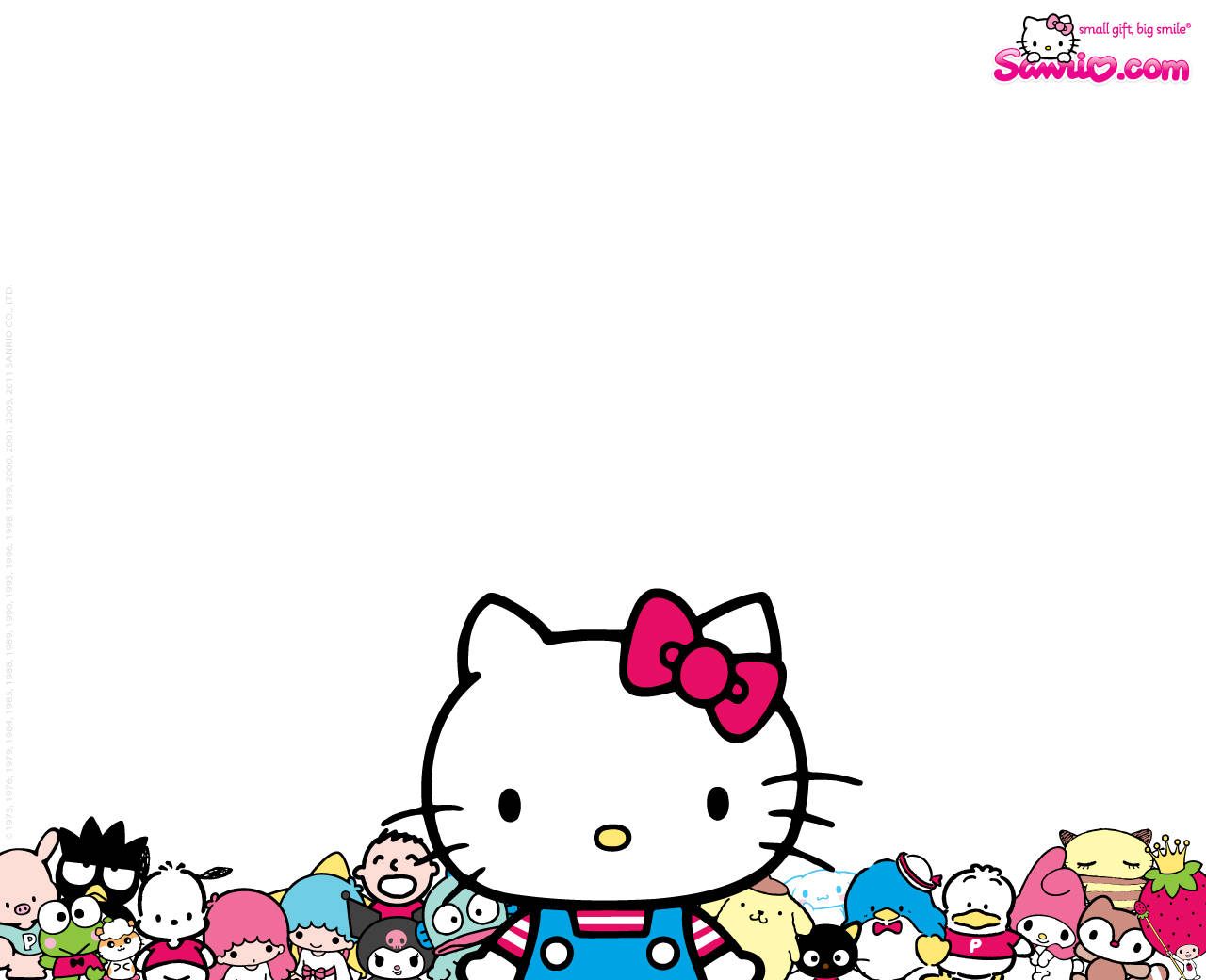 Hello Kitty 和朋友們在卡通桌布上微笑。