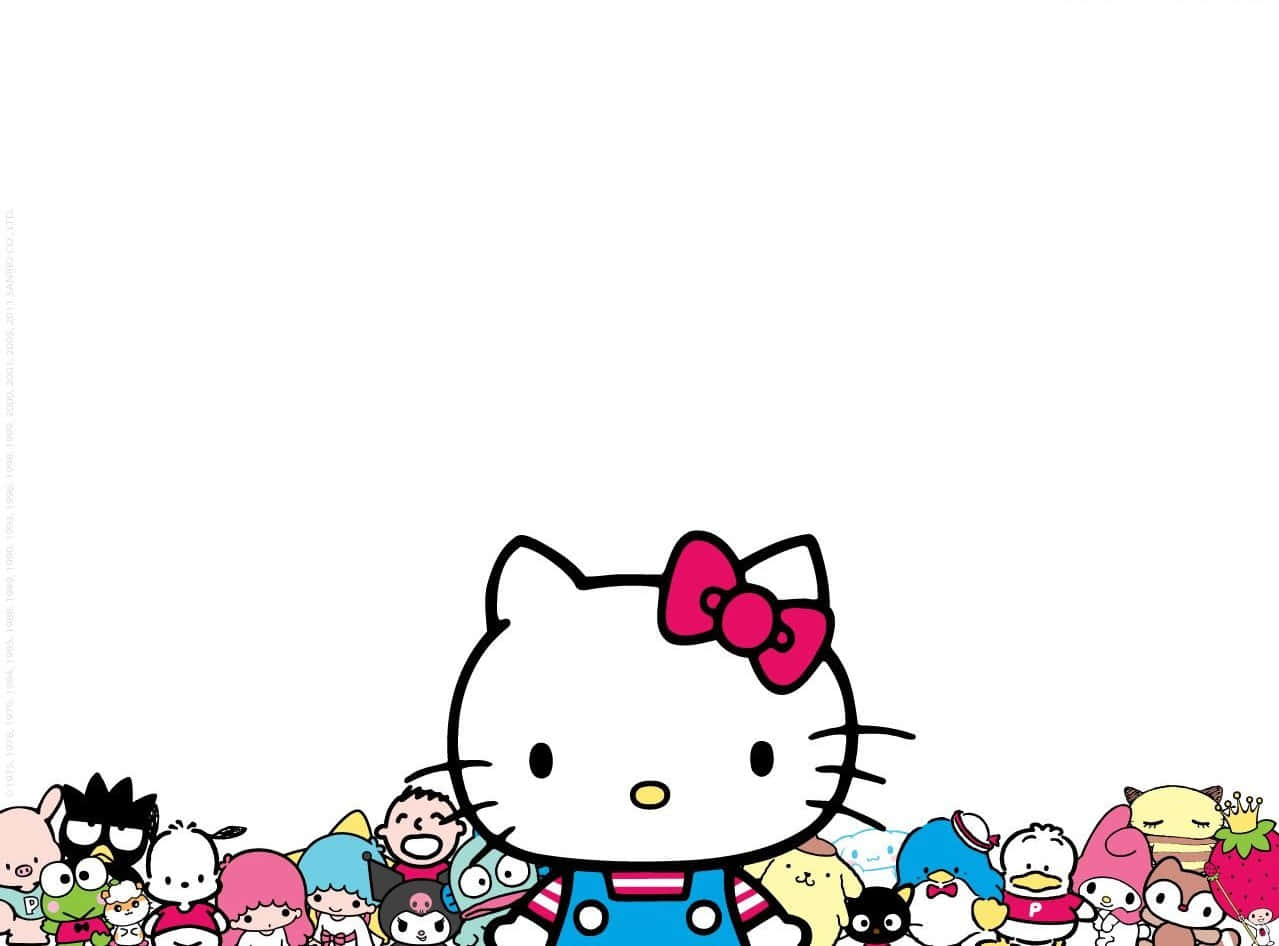 Hello Kitty And Friends 桌布 壁紙 — Hello Kitty 和她的朋友們在白色背景的明亮卡通插圖中開心地微笑。
