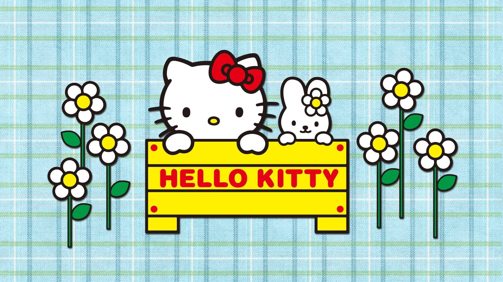 Hello 桌布 壁紙 — Hello Kitty 和她的朋友在藍色格子背景上，從一個帶有白色雛菊的黃色標誌上方探出頭來。