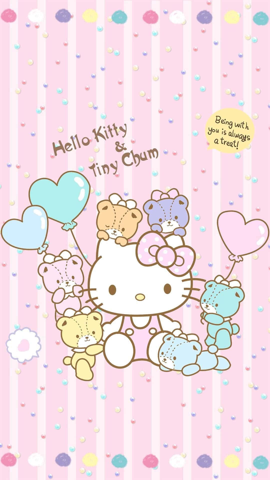 Hello Kitty And Friends 桌布 壁紙 — Hello Kitty 和她的朋友們在粉紅色條紋背景上，拿著心形氣球，周圍還有彩色紙屑。