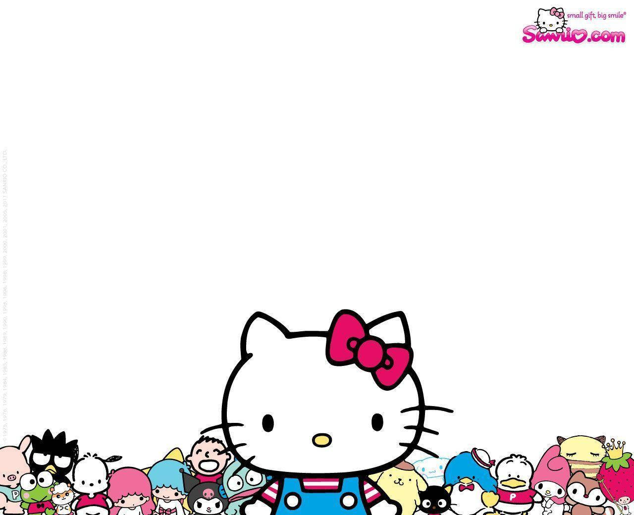 sanrio 桌布 壁紙 — Hello Kitty 和她的朋友們在明亮的白色背景上，用粗線條和鮮豔的顏色開心地微笑。