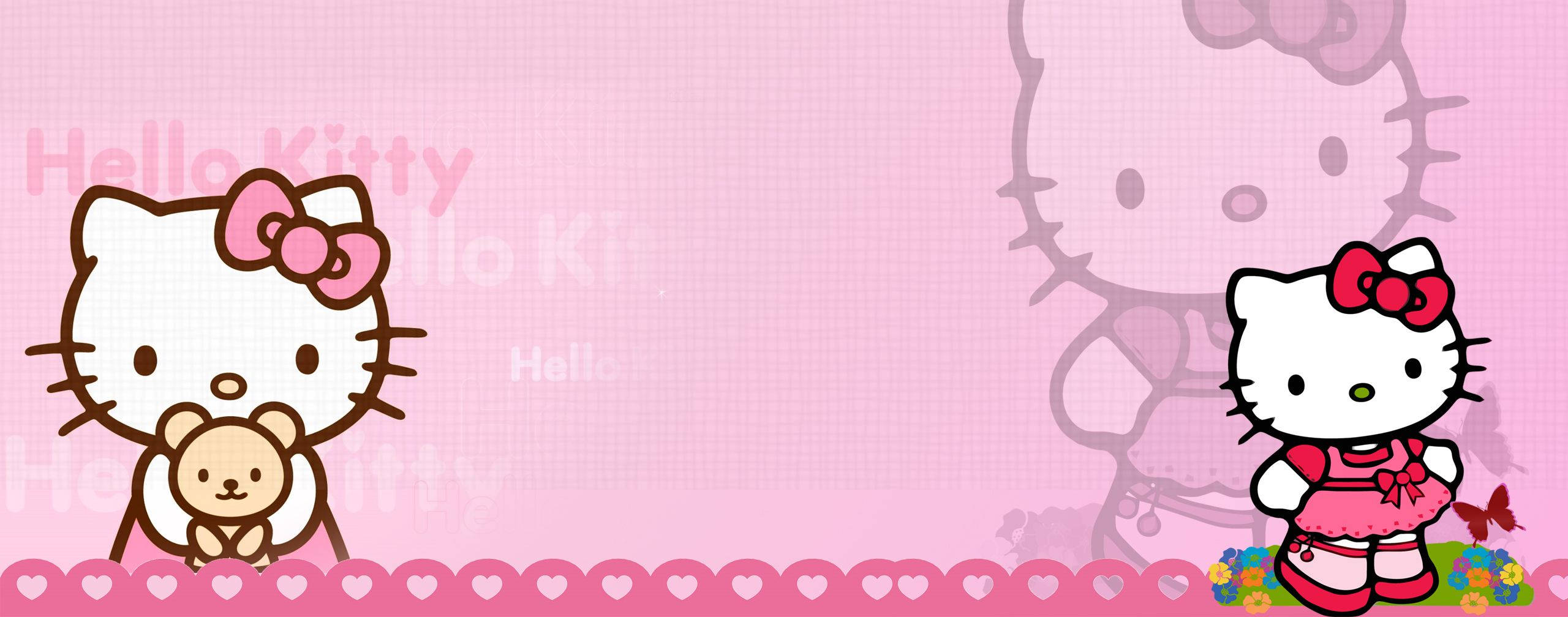 Hello Kitty 桌布 壁紙 — Hello Kitty 和她的泰迪熊坐在粉紅色心形邊框的壁紙上，壁紙上有重複的Hello Kitty剪影和花卉裝飾。