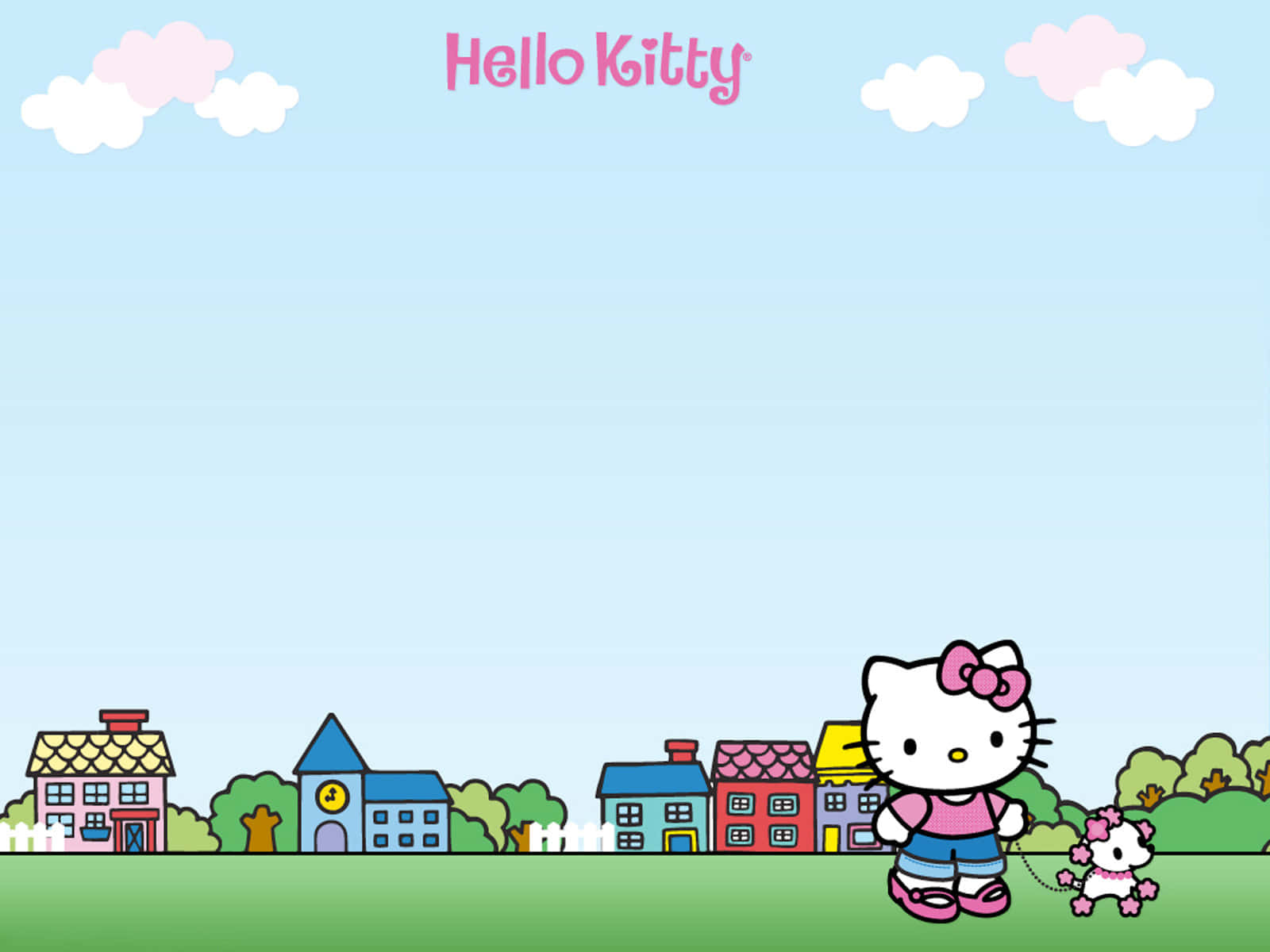 Hello Kitty 桌布 壁紙 — Hello Kitty 和她的狗狗在柔和的藍天下，穿過色彩繽紛的卡通小鎮，天空中有蓬鬆的雲朵。