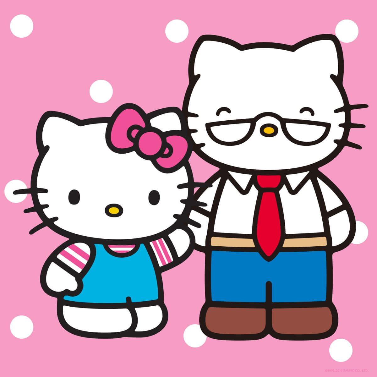 George White 桌布 壁紙 — Hello Kitty 和她的男朋友在粉紅色圓點背景中手牽手，表情愉快。