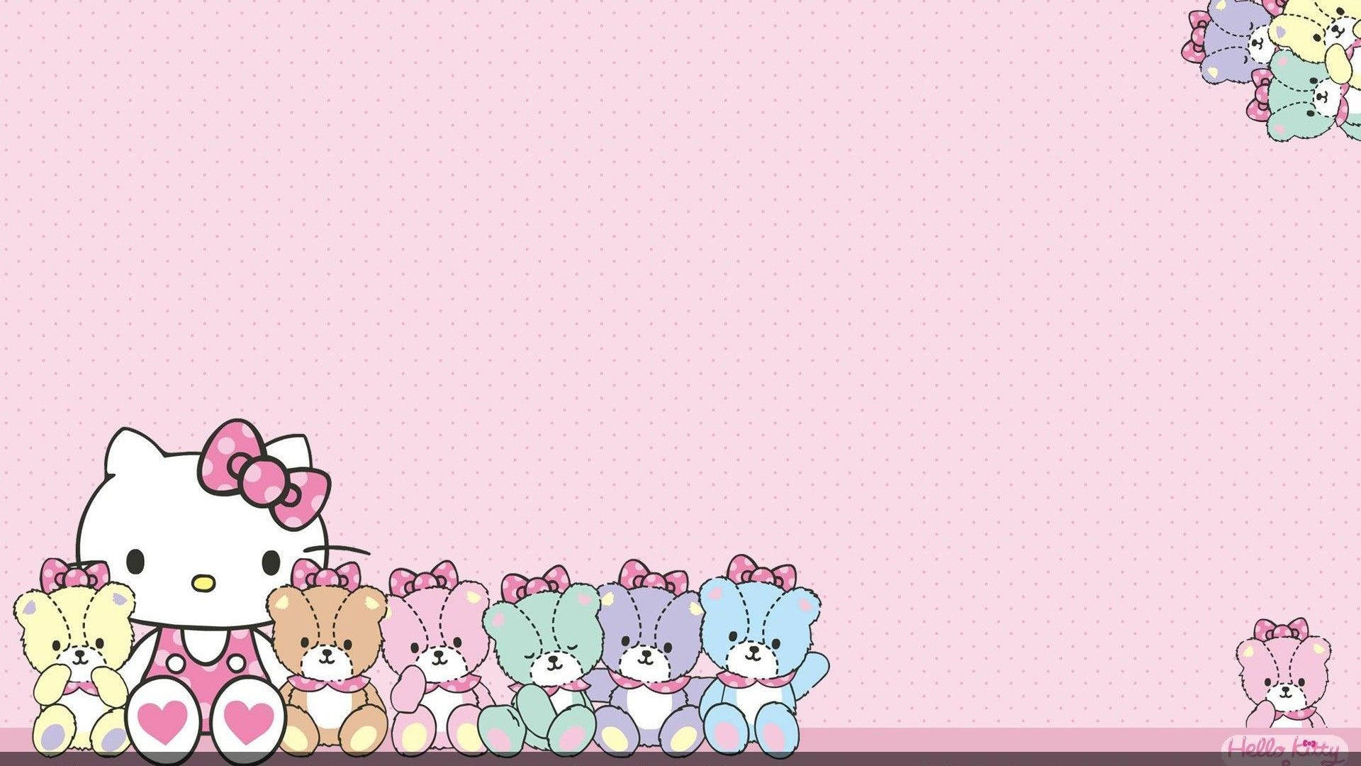Hello 桌布 壁紙 — Hello Kitty 和她色彩繽紛的熊朋友們坐在粉紅色圓點背景上排成一排。