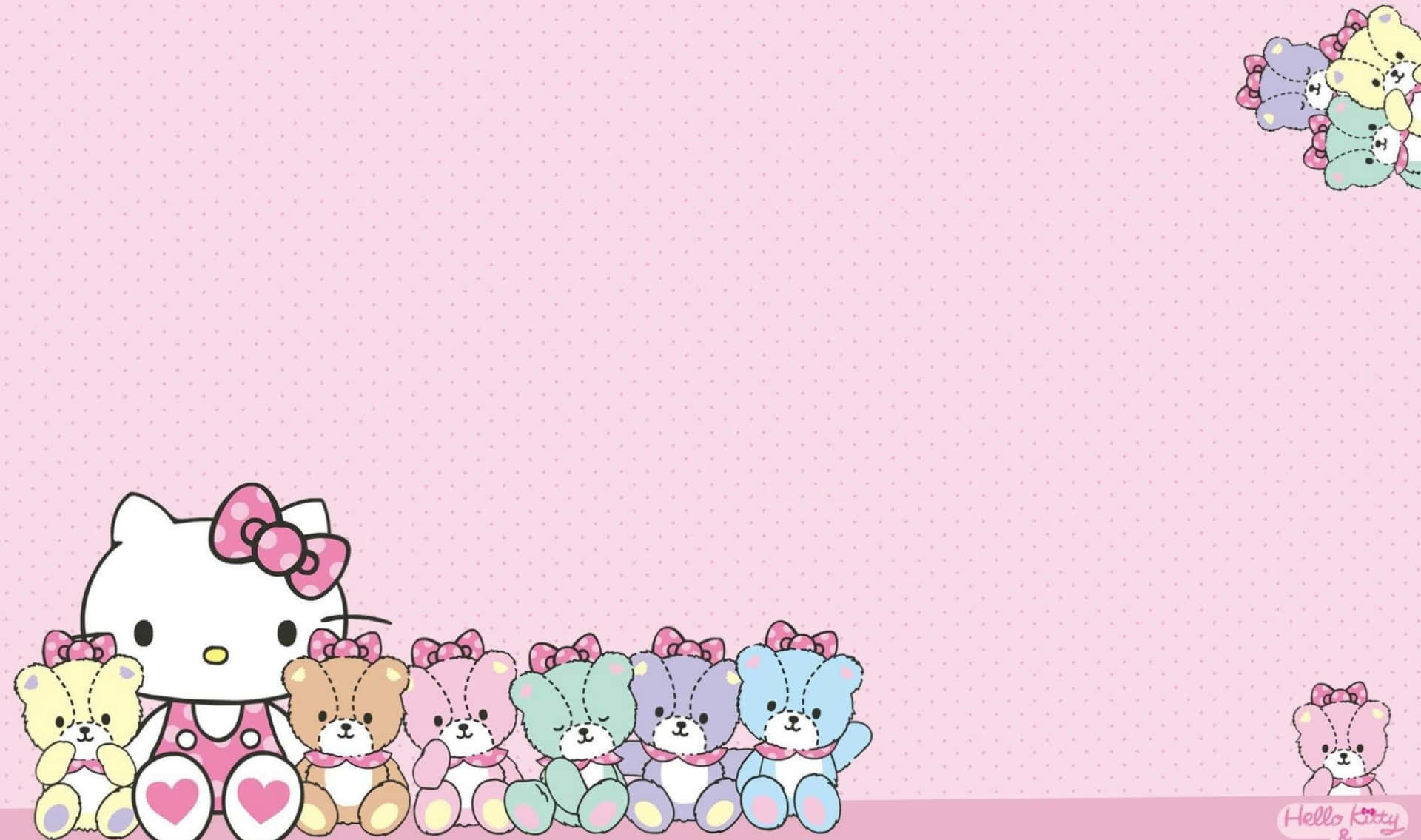 sanrio 桌布 壁紙 — Hello Kitty 和她色彩繽紛的熊朋友們坐在粉紅色圓點背景上排成一排。