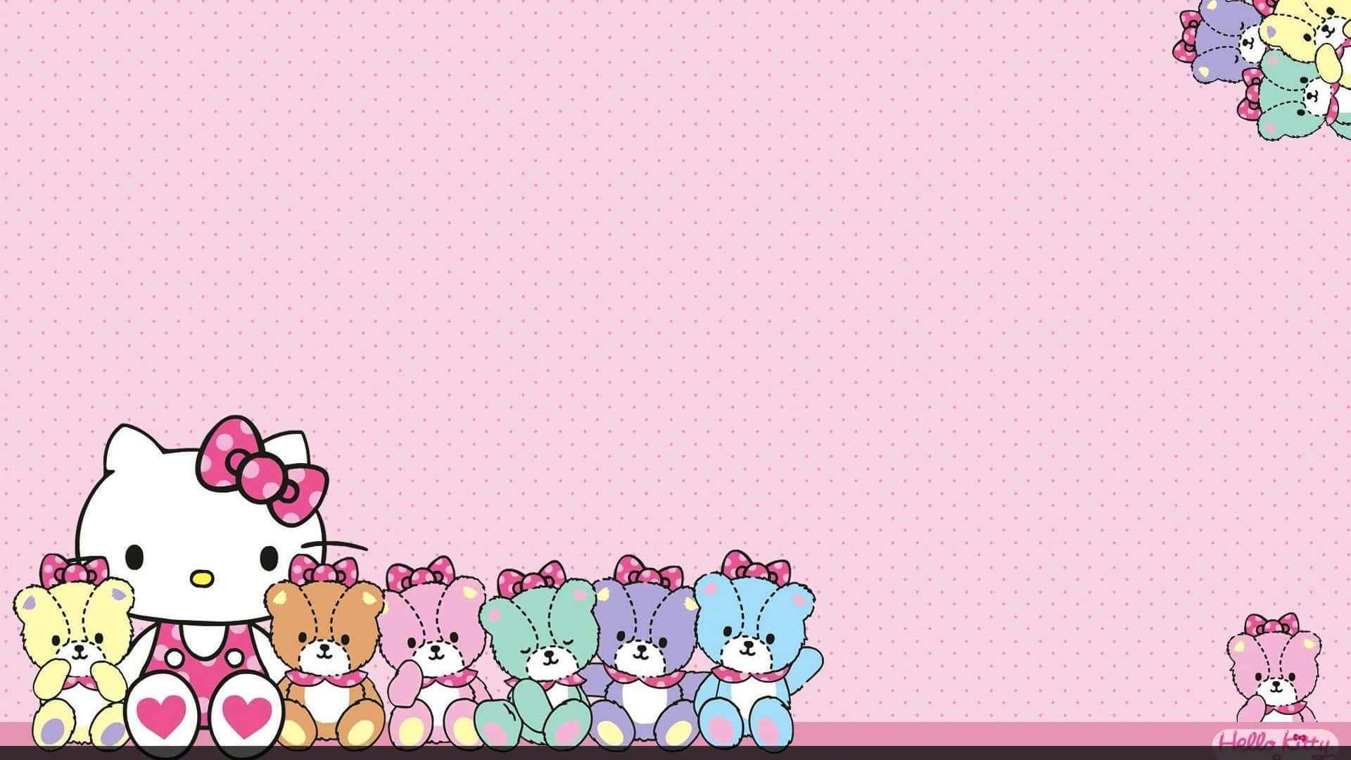 Hello Kitty 桌布 壁紙 — Hello Kitty 和她色彩繽紛的熊朋友們坐在粉紅色圓點背景上排成一排。