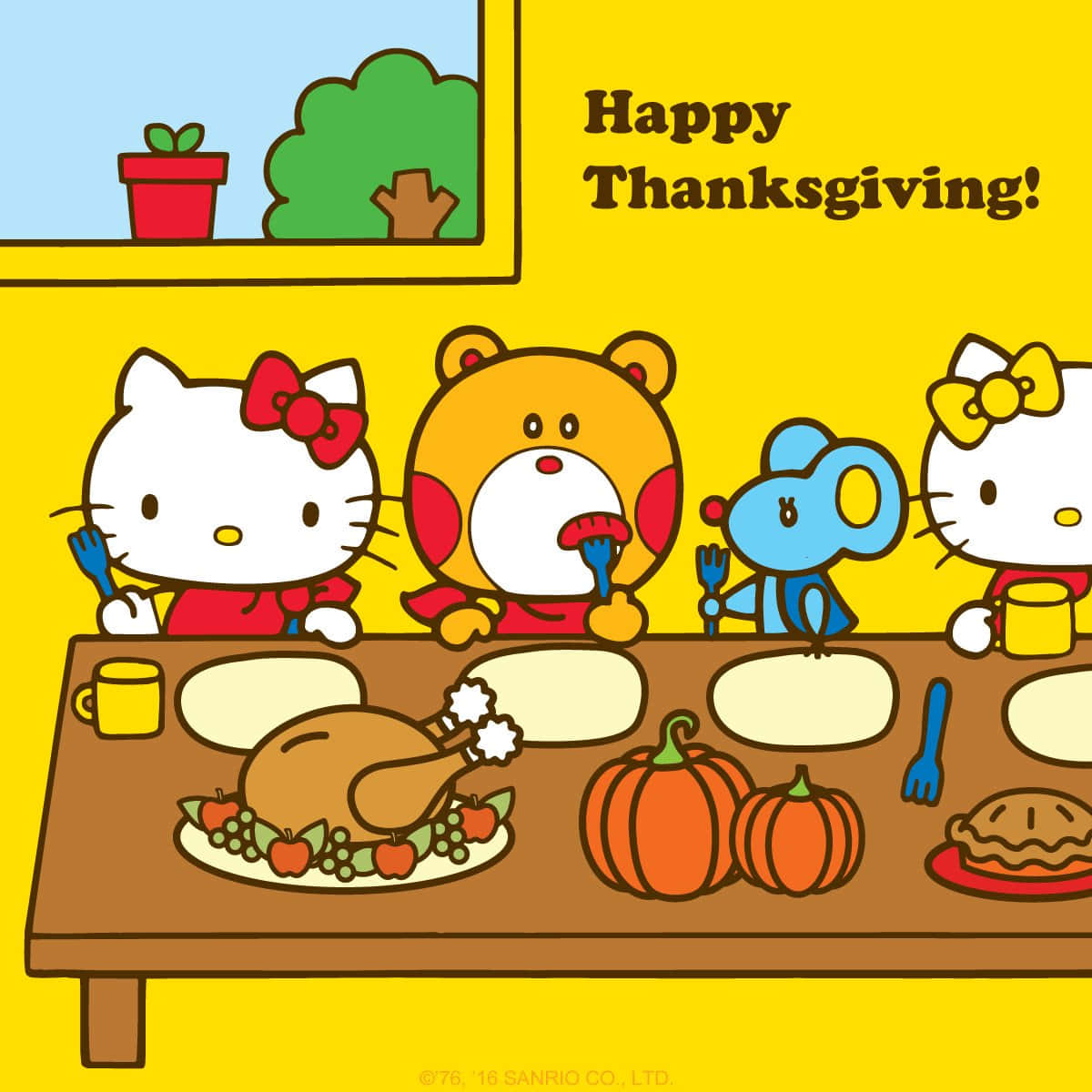 Hello Kitty Thanksgiving 桌布 壁紙 — Hello Kitty 和朋友們在陽光普照的窗戶下，圍繞著擺有火雞、南瓜和餡餅的感恩節餐桌。