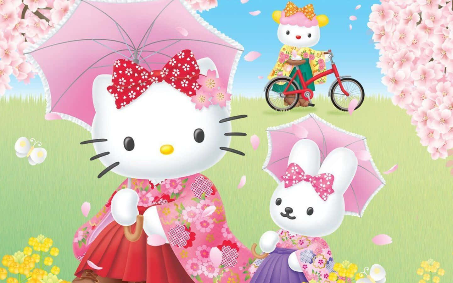 Hello Kitty And Friends 桌布 壁紙 — Hello Kitty 和朋友們穿著花卉和服，在櫻花下撐著粉紅色雨傘，旁邊有一輛腳踏車，置身於春天的草地上。