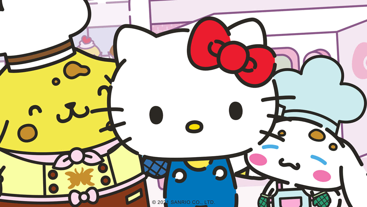 Hello Kitty 桌布 壁紙 — Hello Kitty 和朋友們穿著愉快的廚師服裝，在粉彩麵包店場景中一起擺姿勢。