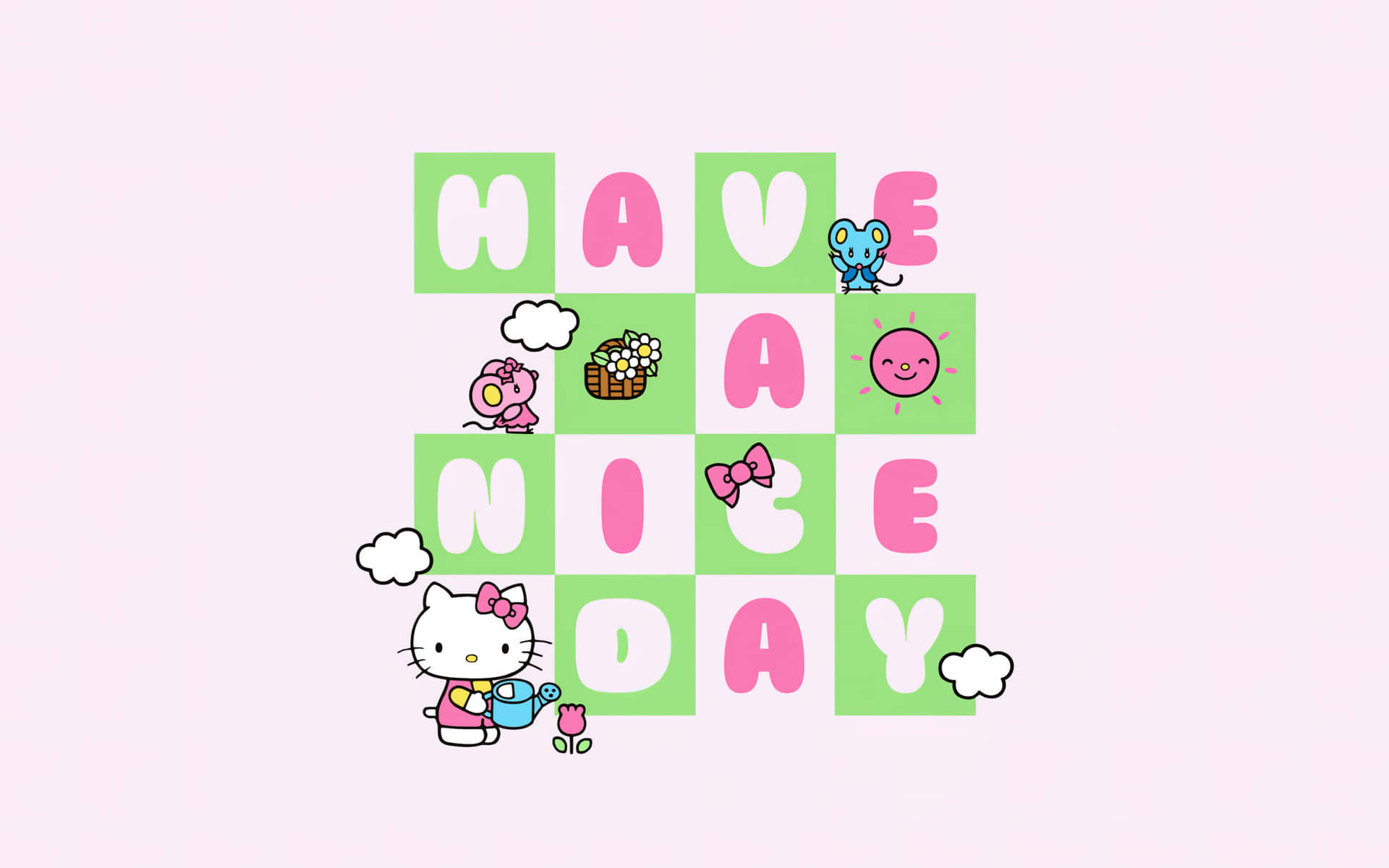  壁紙 — Hello Kitty 和朋友們愉快地用花朵和雲朵佈置出粉彩格紋 'HAVE A NICE DAY' 訊息。