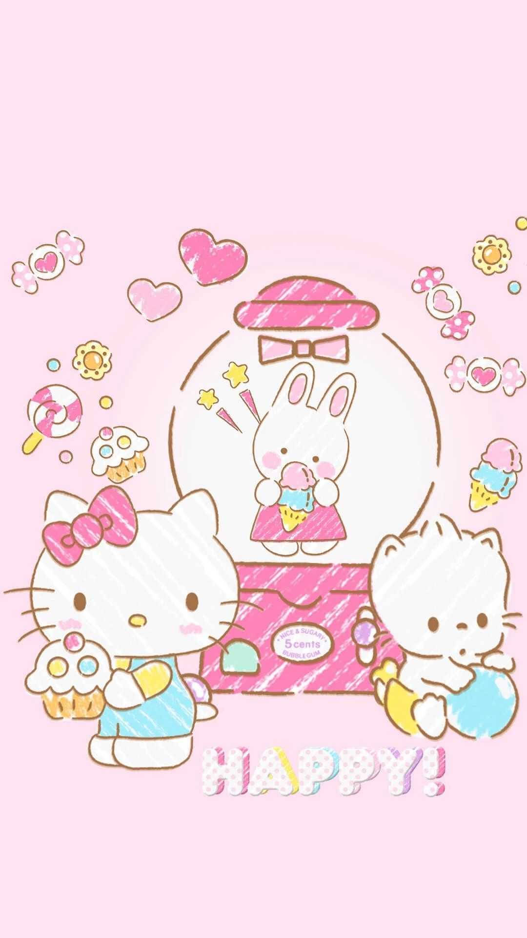 Cute Sanrio 桌布 壁紙 — Hello Kitty 和朋友們在粉紅色扭蛋機周圍享用甜點，心形和糖果漂浮在粉彩粉紅色的背景中。