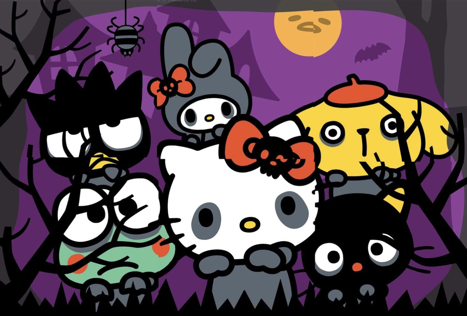 Hello Kitty Halloween 桌布 壁紙 — Hello Kitty 和朋友們在一個詭異的萬聖節森林中，有蝙蝠、蜘蛛和滿月。