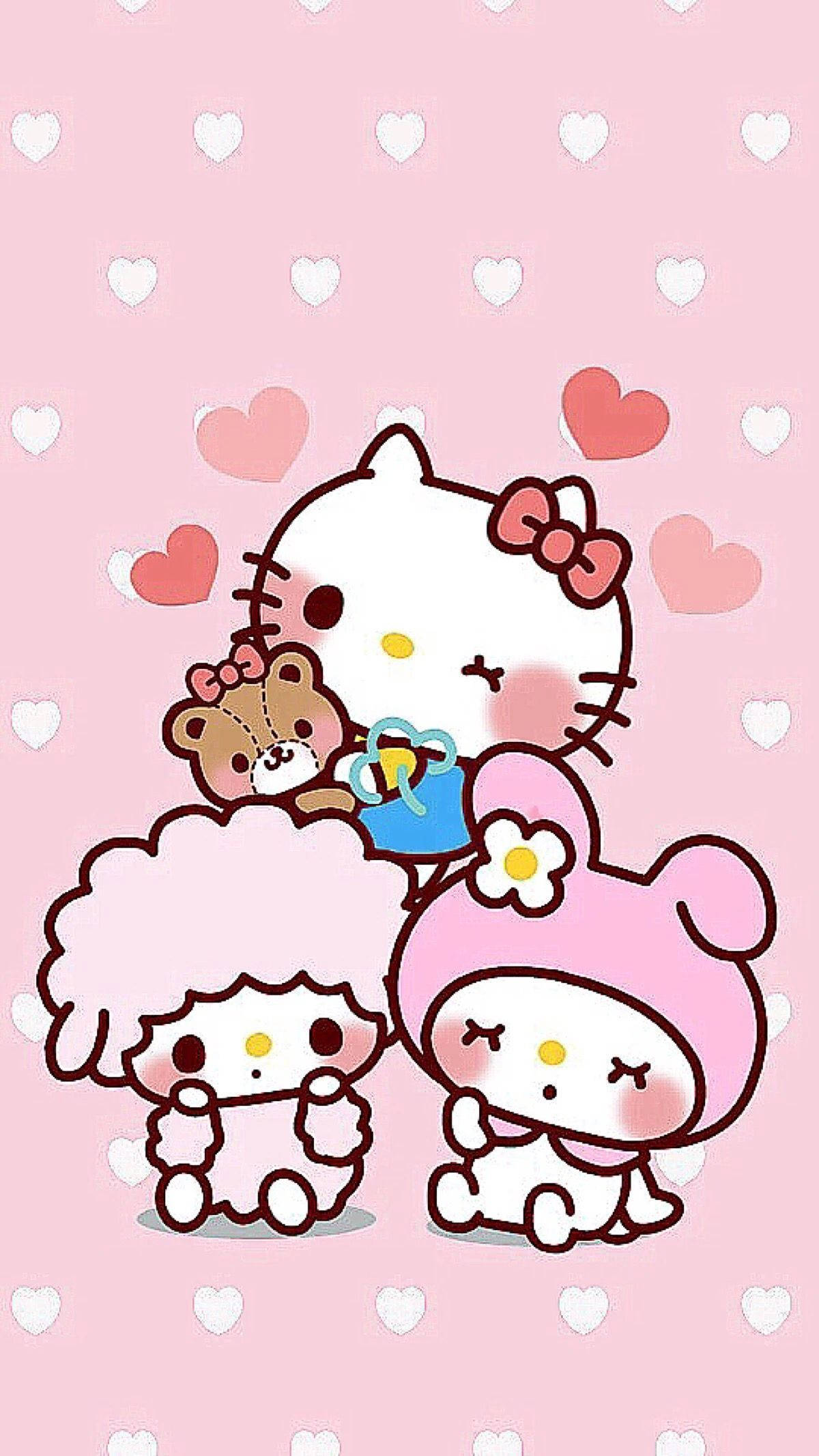 Cute Sanrio 桌布 壁紙 — Hello Kitty 和朋友們在粉紅色心形圖案背景上依偎在一起，帶有柔和粉彩色調。