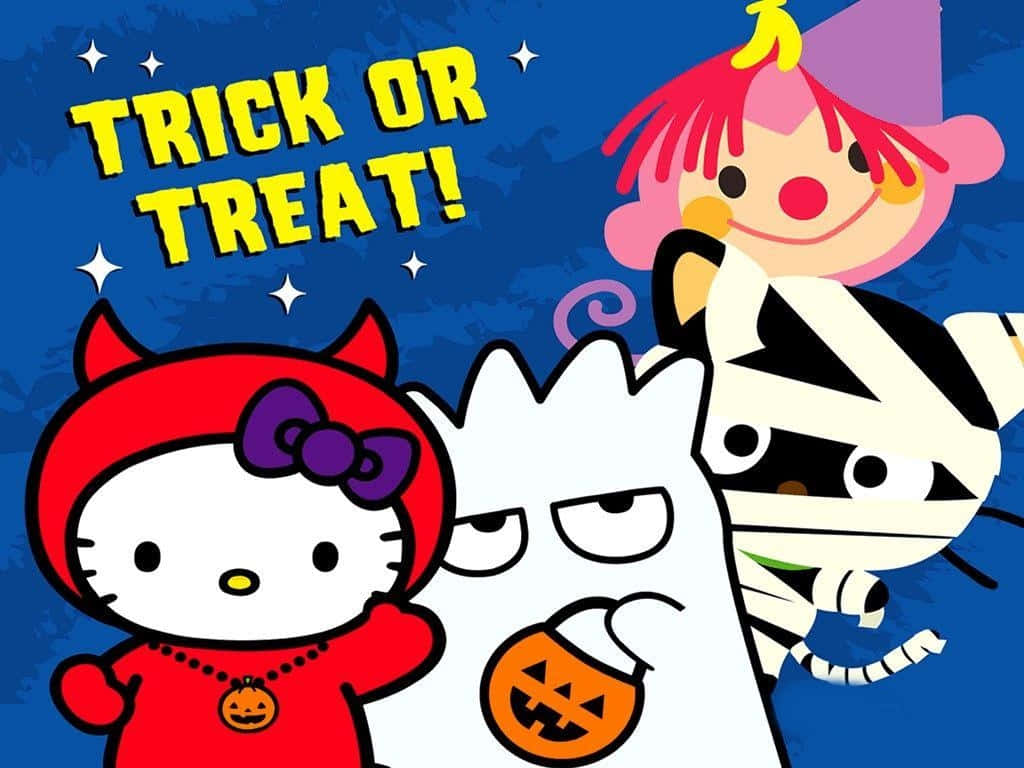 Trick-or-treaters 桌布 壁紙 — Hello Kitty 和朋友們穿著萬聖節服裝，在星空下愉快地擺姿勢，並帶有'Trick or Treat!'文字。
