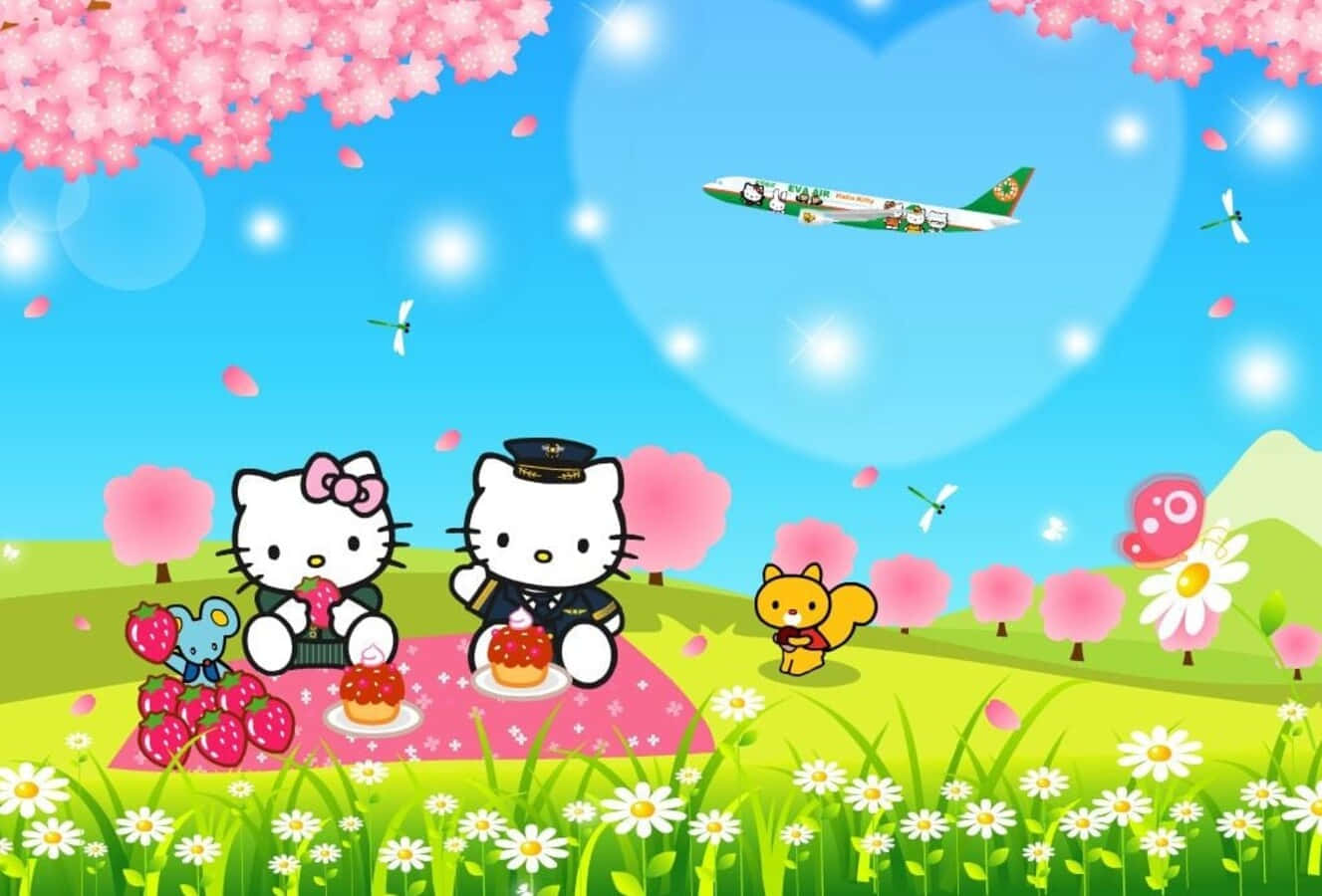 Hello Kitty And Friends 桌布 壁紙 — Hello Kitty 和朋友們在櫻花下野餐，一架 Hello Kitty 飛機在上空飛過。