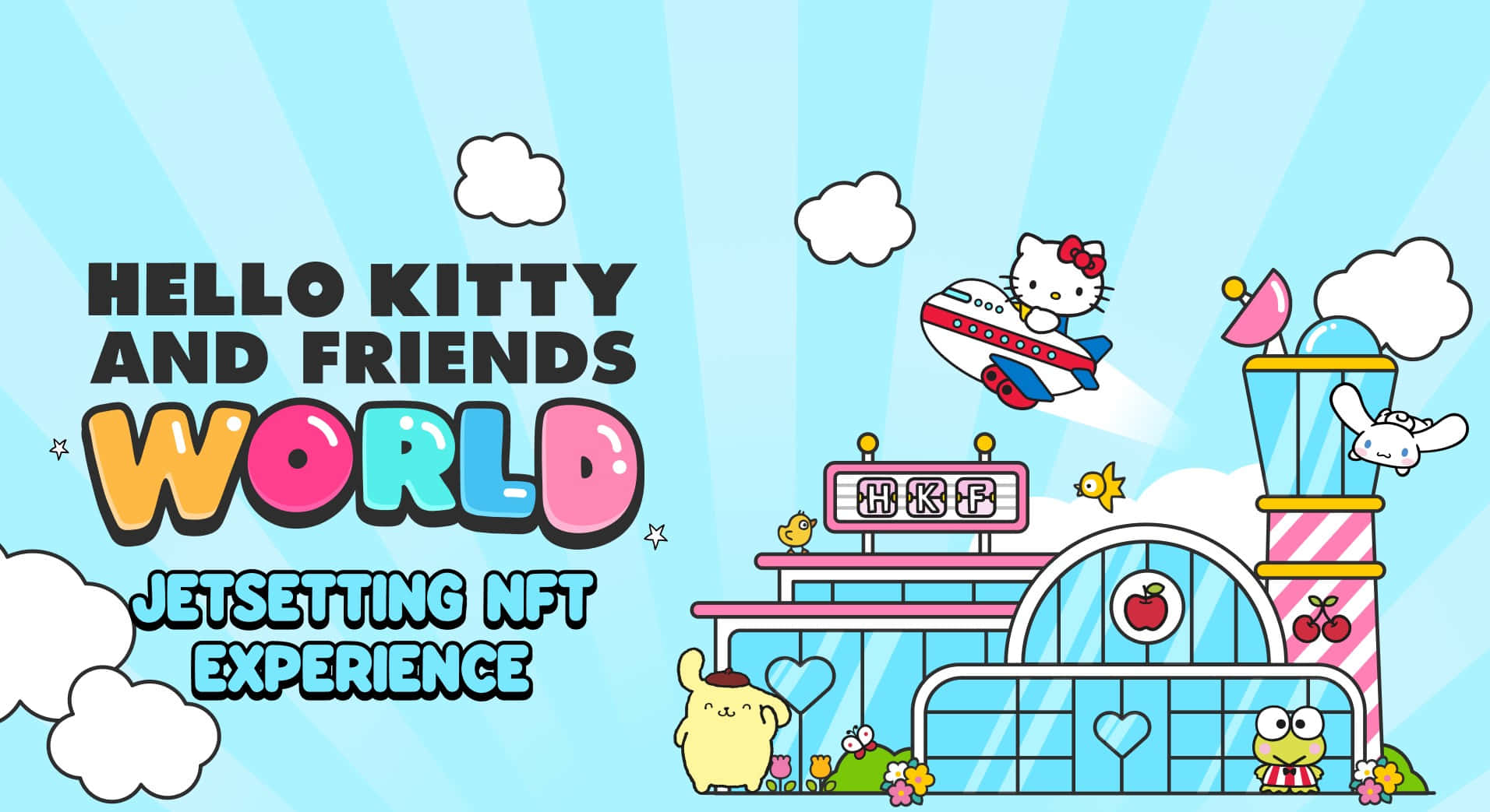 Hello Kitty 桌布 壁紙 — Hello Kitty 和朋友們乘坐色彩繽紛的卡通飛機，在一個帶有柔和色建築和蓬鬆雲朵的夢幻機場上空翱翔。
