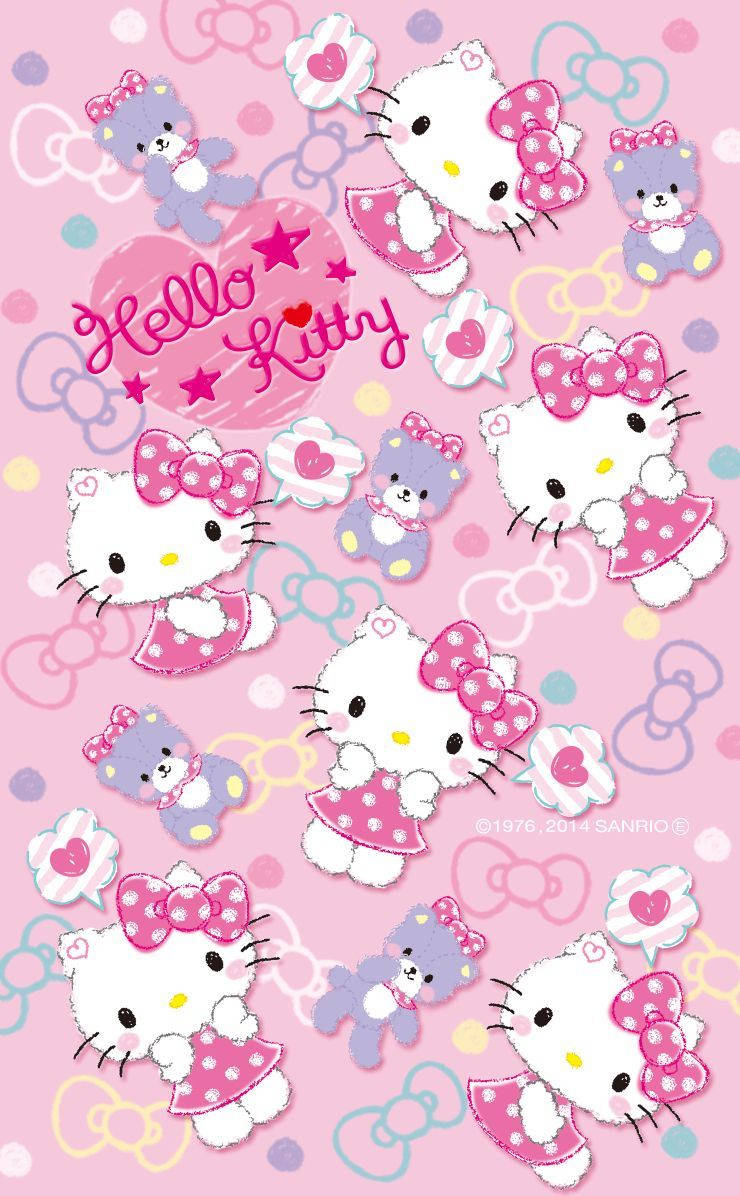 Hello Kitty 桌布 壁紙 — Hello Kitty 和朋友們穿著粉紅色連衣裙和蝴蝶結，漂浮在愛心和蝴蝶結之間，背景是粉彩圓點圖案。