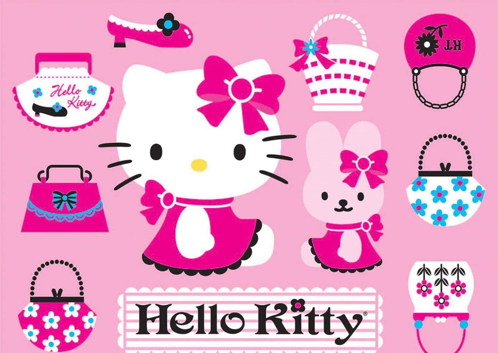 sanrio 桌布 壁紙 — Hello Kitty 和朋友們穿著粉紅色服裝，被配件環繞在粉紅色背景上。