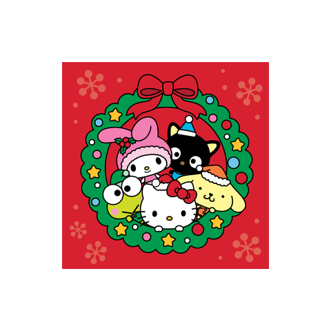 Cute Frog 桌布 壁紙 — Hello Kitty 和朋友們在紅色背景上裝飾的綠色花環內戴著節日帽子，並有雪花。