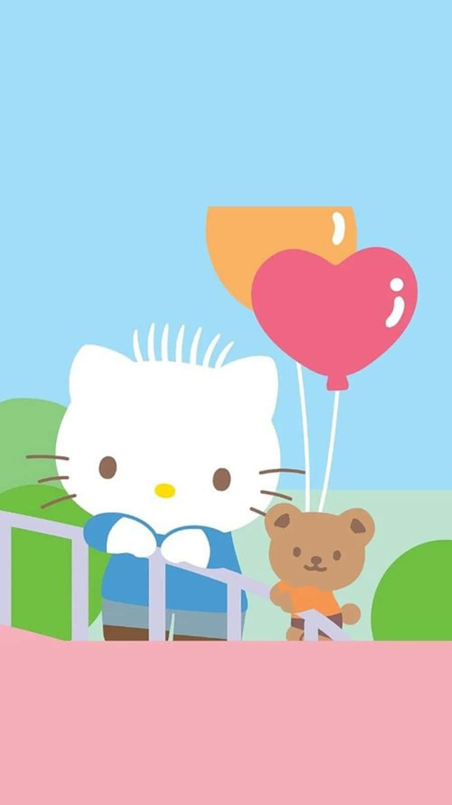 Dear Daniel 桌布 壁紙 — Hello Kitty 和泰迪熊拿著心形和橙色氣球，背景是粉彩天空和綠色山丘。