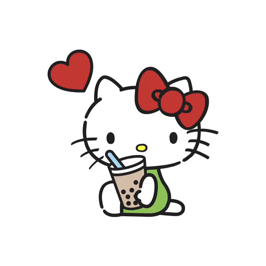 珍珠奶茶 桌布 壁紙 — Hello Kitty 啜飲珍珠奶茶，旁邊漂浮著一個紅色愛心，採用簡單卡通風格。