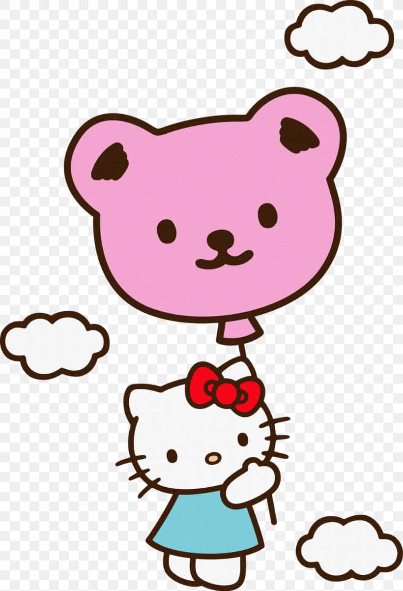 Hello Kitty Pc 桌布 壁紙 — Hello Kitty 在一個歡樂的卡通場景中，拿著一個粉紅色的泰迪熊氣球，漂浮在蓬鬆的雲層中。