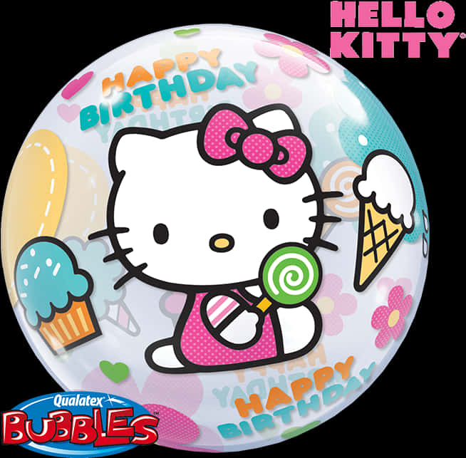 Hello Kitty Birthday 桌布 壁紙 — Hello Kitty 在一個色彩繽紛的生日氣球上，拿著綠色棒棒糖，旁邊有冰淇淋甜點和花朵。