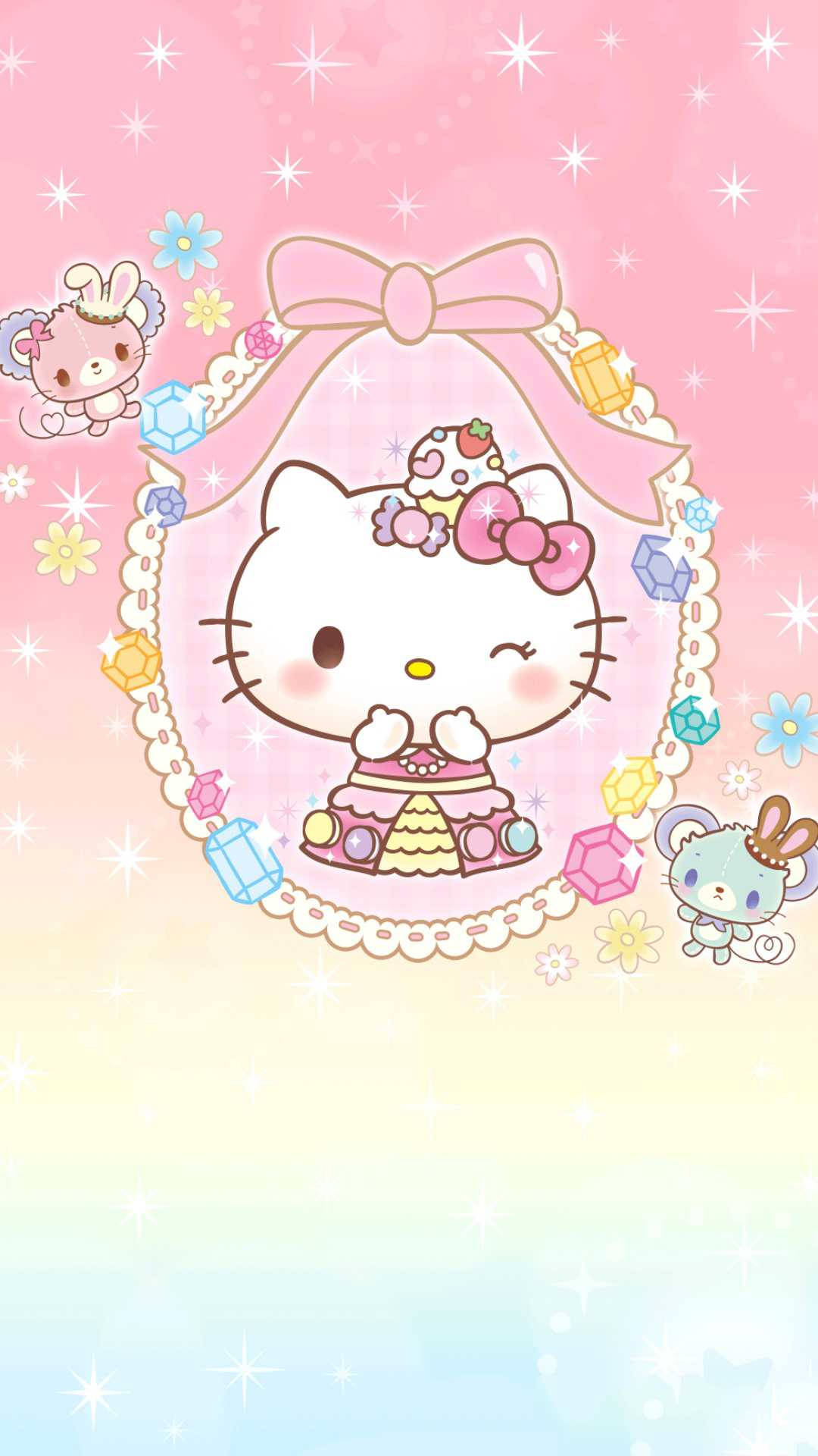Cute Sanrio 桌布 壁紙 — Hello Kitty 在一個鑲有寶石的框架中，搭配粉彩閃光和可愛的動物朋友，背景是漸變粉紅色。
