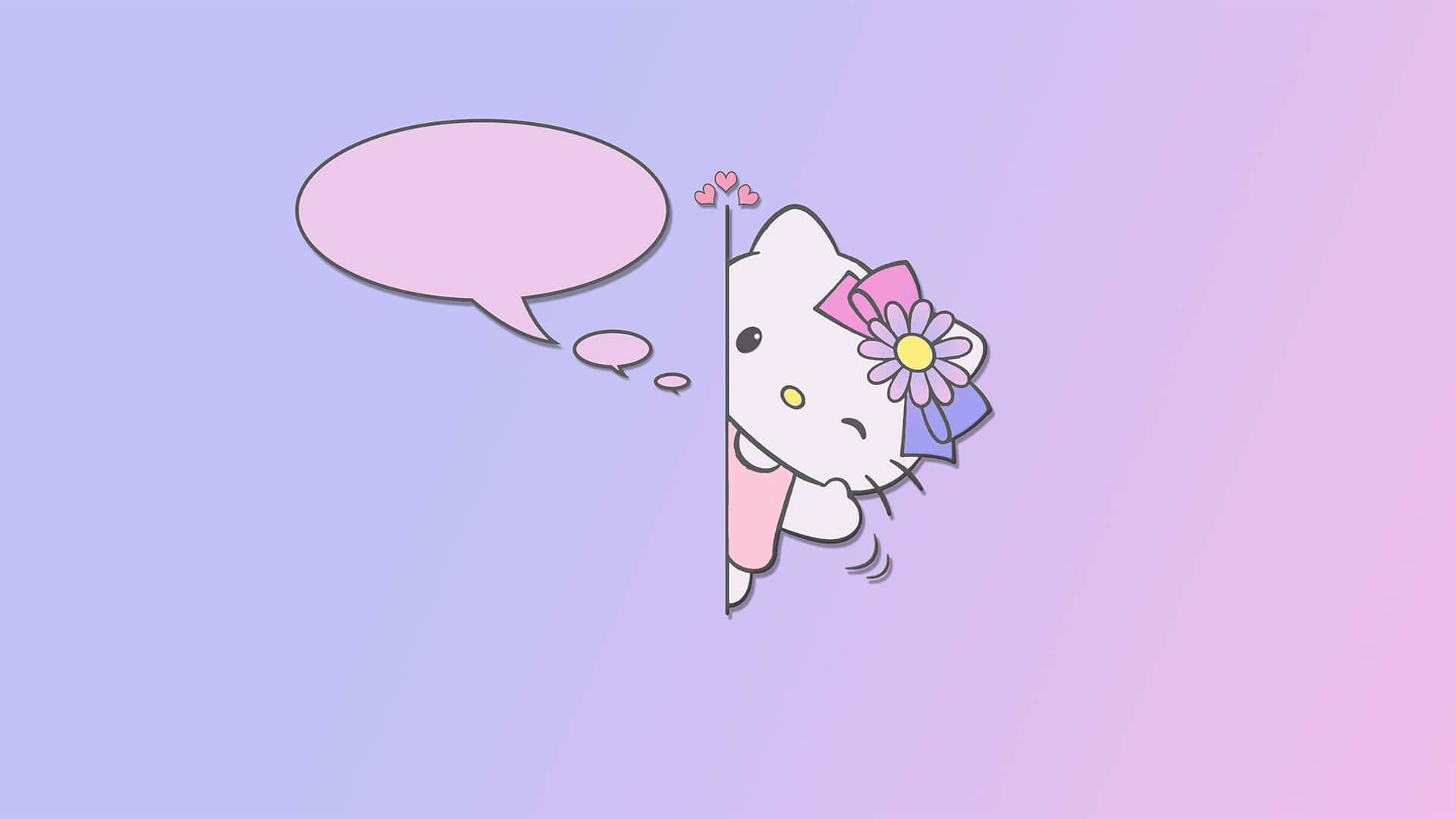 Kitty White 桌布 壁紙 — Hello Kitty 在一條線後面探出頭來，帶著一個粉紅色對話氣泡和愛心圖案，背景是柔和紫色漸層。