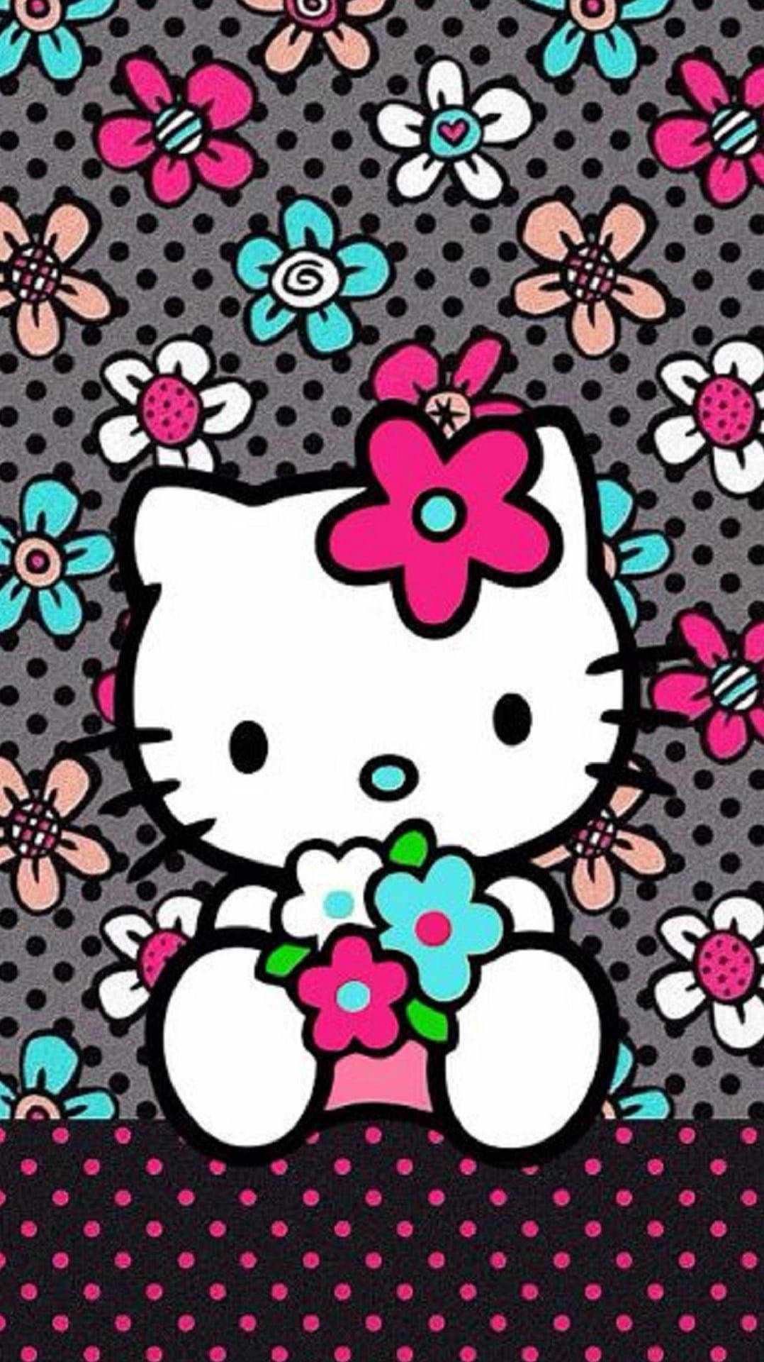Kitty 桌布 壁紙 — Hello Kitty 在帶有花卉圖案的圓點背景前手持一束色彩繽紛的花。
