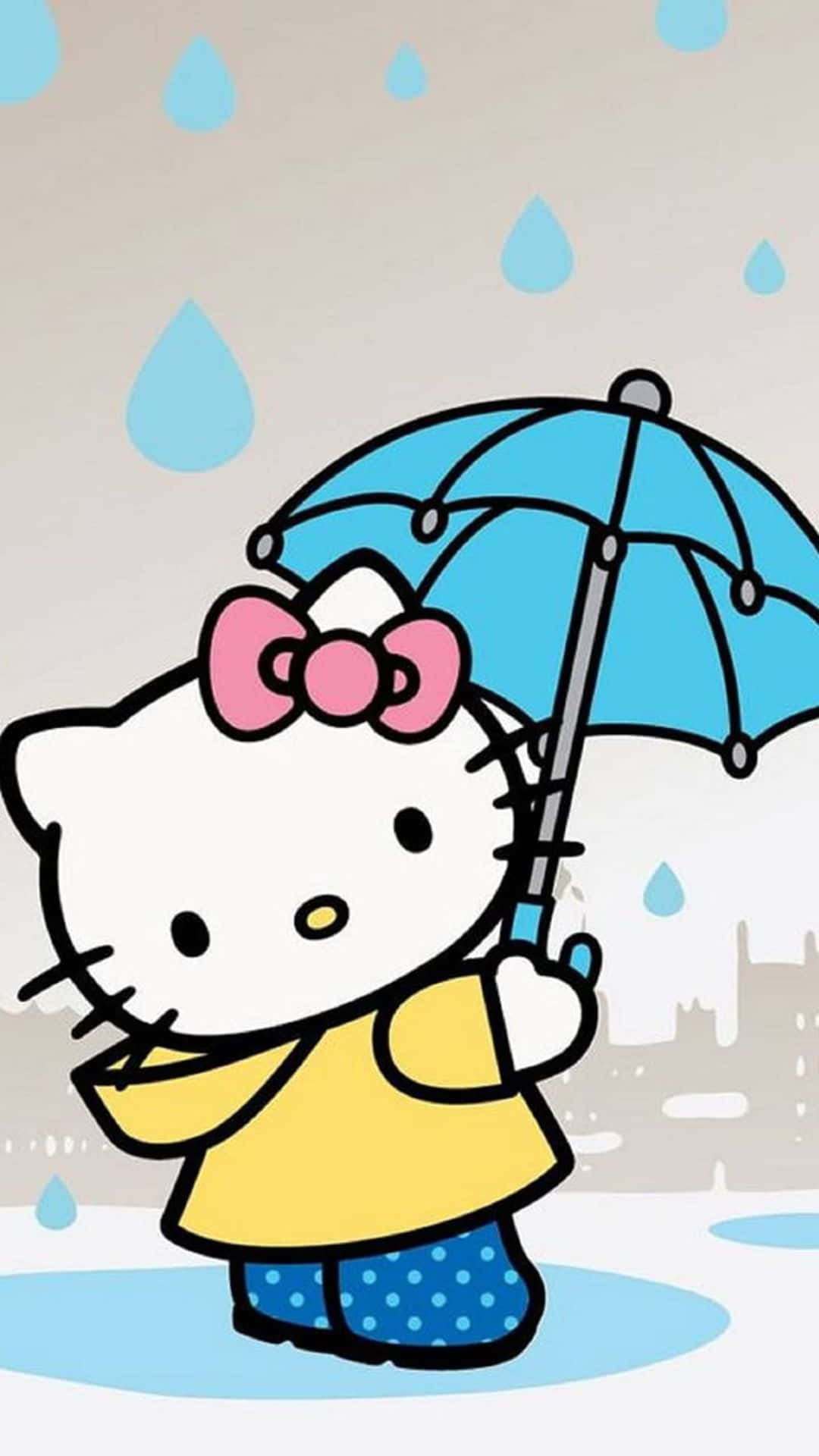 Kitty White 桌布 壁紙 — Hello Kitty 在微雨中撐著藍色雨傘，身穿黃色雨衣和波點褲。