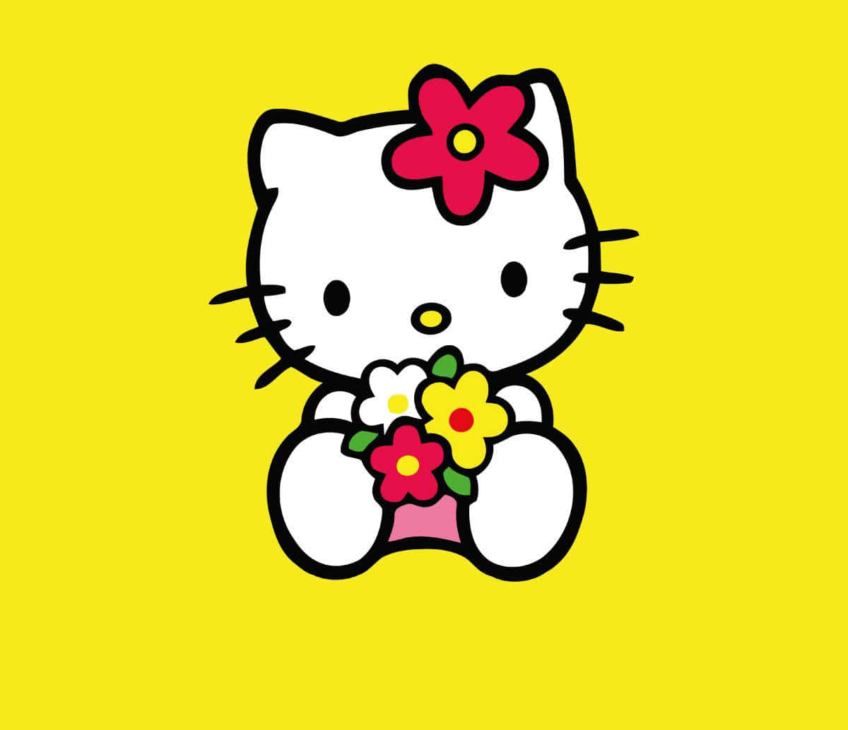 Hello Kitty 桌布 壁紙 — Hello Kitty 在明亮的黃色背景上手持一束色彩繽紛的花。