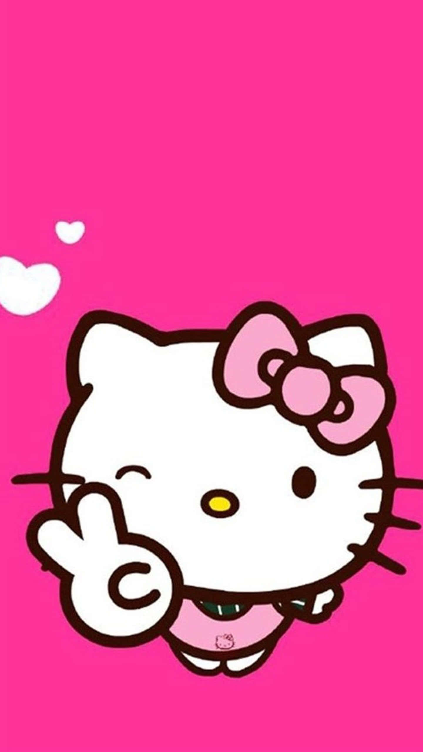 Kitty White 桌布 壁紙 — Hello Kitty 在明亮的粉紅色背景上，伴隨著漂浮的愛心，開心地微笑。
