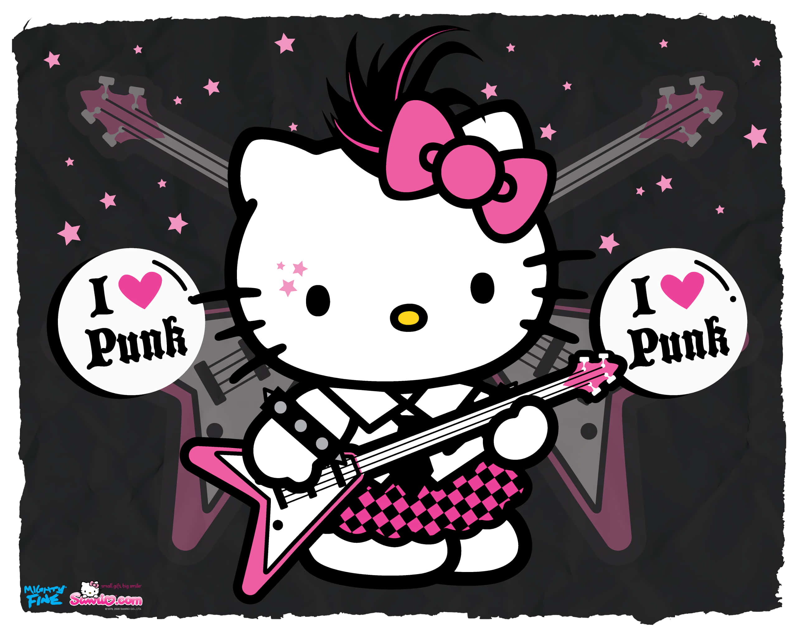 Hello Kitty Pc 桌布 壁紙 — Hello Kitty 在星空深色背景下彈奏粉紅色電吉他，並帶有「I Love Punk」標誌。