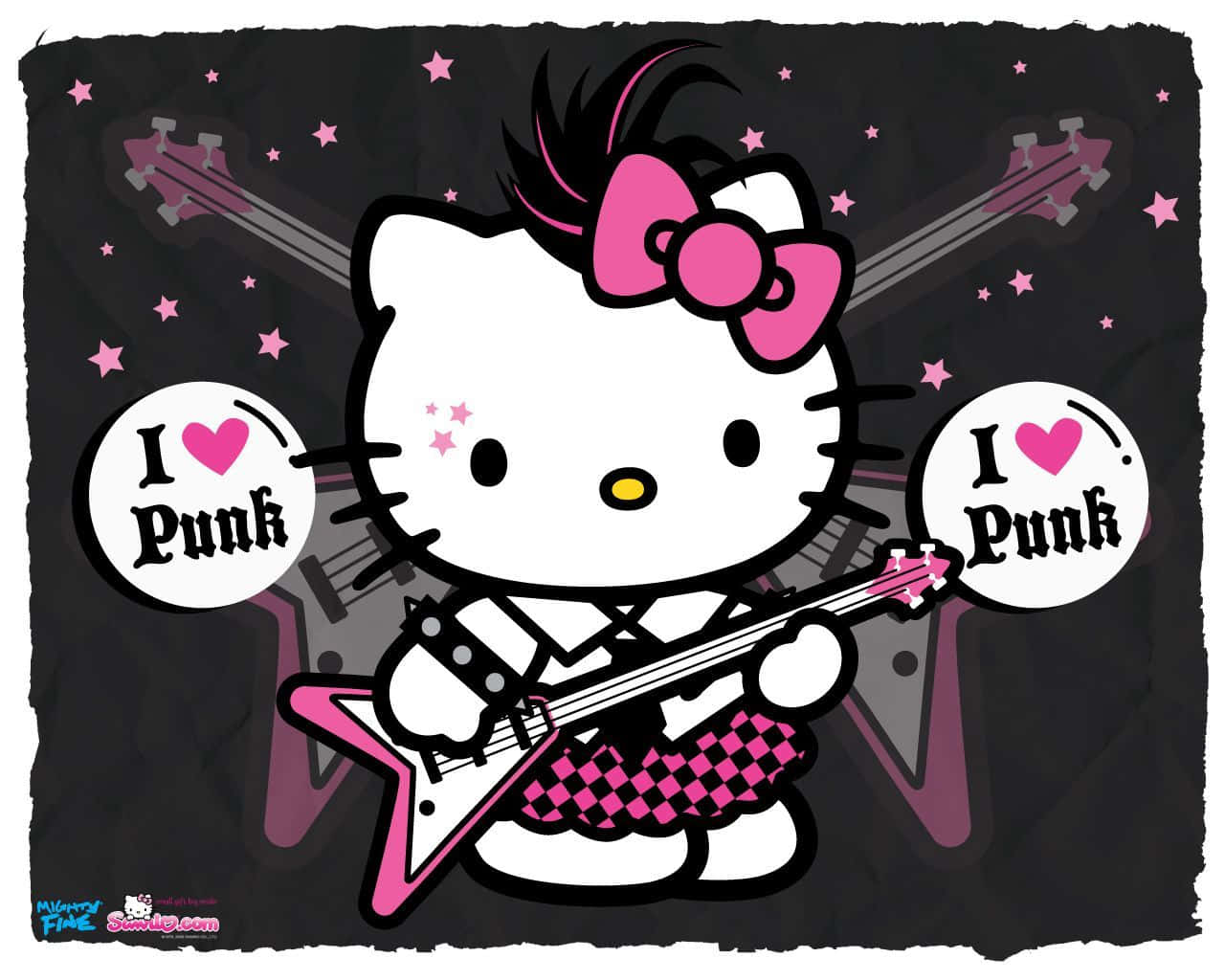 Emo Hello Kitty 桌布 壁紙 — Hello Kitty 在星空黑暗背景下彈奏粉紅色電吉他，並帶有「I Love Punk」標誌。