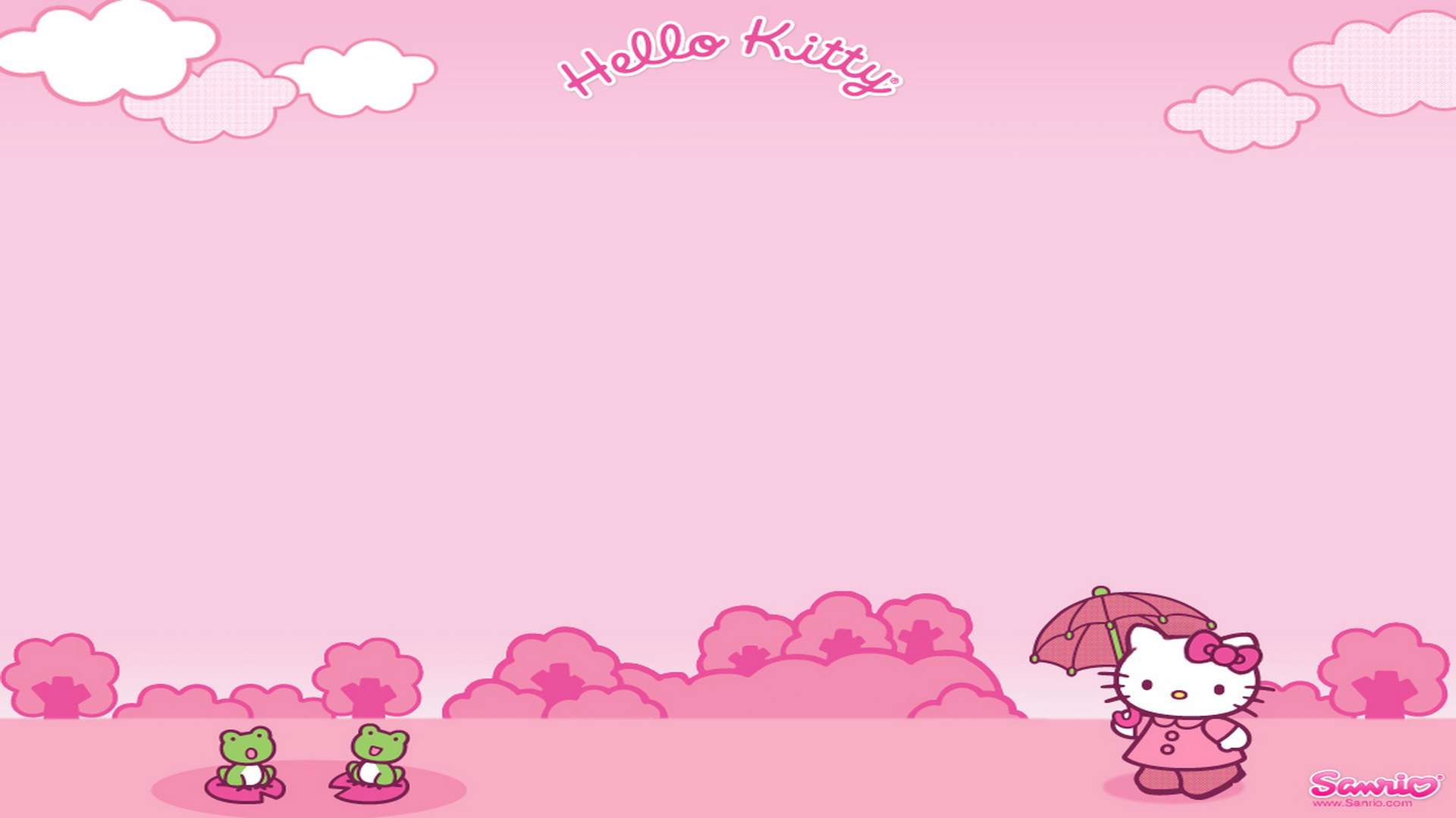 Hello Kitty Pc 桌布 壁紙 — Hello Kitty 在柔和的粉紅色天空下拿著一把粉紅色雨傘，前面有蓬鬆的雲朵和兩隻綠色青蛙。