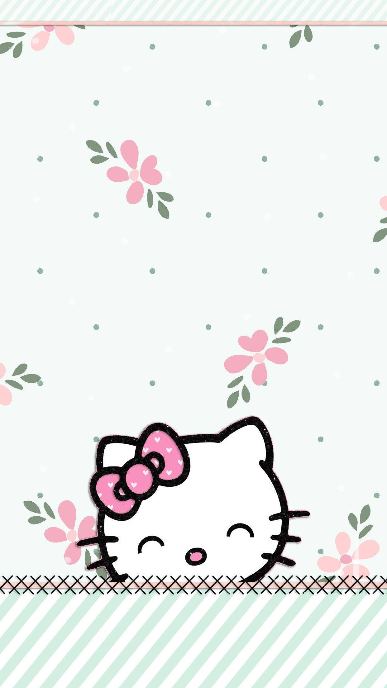 Hello 桌布 壁紙 — Hello Kitty 在柔軟的粉彩背景上，越過一條由粉紅色花和綠色點點包圍的條紋邊框偷看。