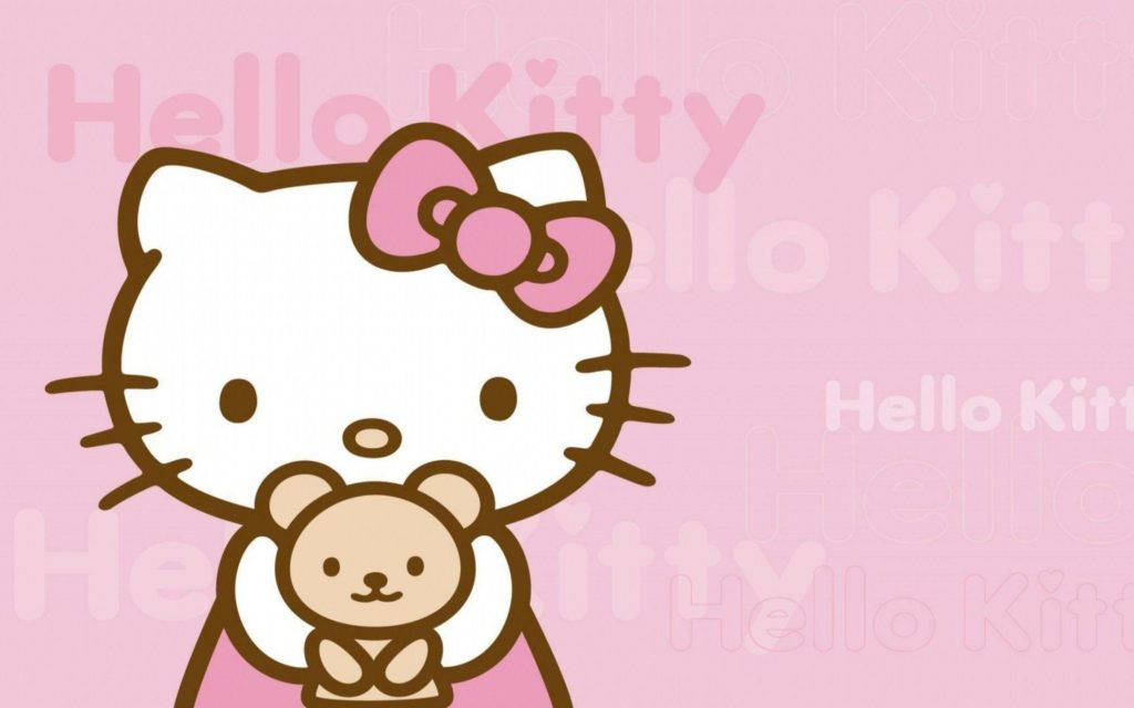 Hello Kitty 在粉紅色背景上抱著一隻泰迪熊，背景有重複文字。