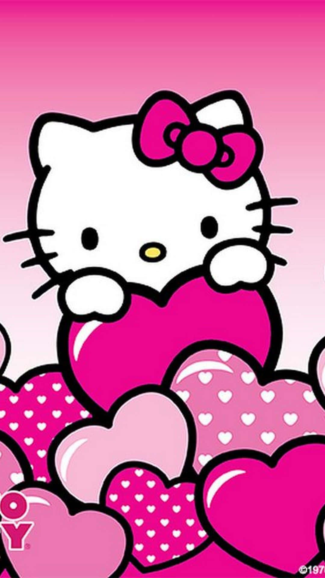 Hello Kitty 手持一個粉紅色心形，被心形包圍 — 愛心 GIF 壁紙