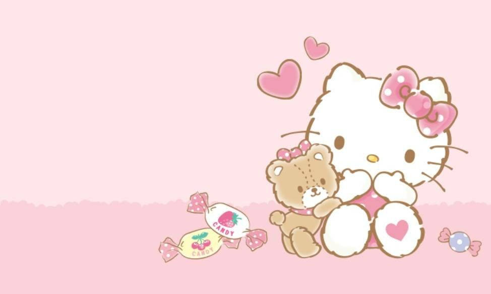Hello 桌布 壁紙 — Hello Kitty 在粉紅色的世界裡擁抱一隻泰迪熊，周圍環繞著糖果和漂浮的愛心。