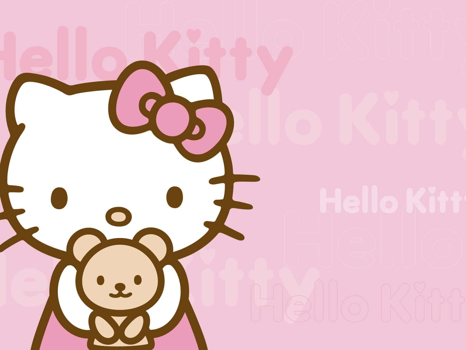Hello Kitty 桌布 壁紙 — Hello Kitty 在粉紅色背景上抱著一隻泰迪熊，背景有重複的微弱 Hello Kitty 文字。
