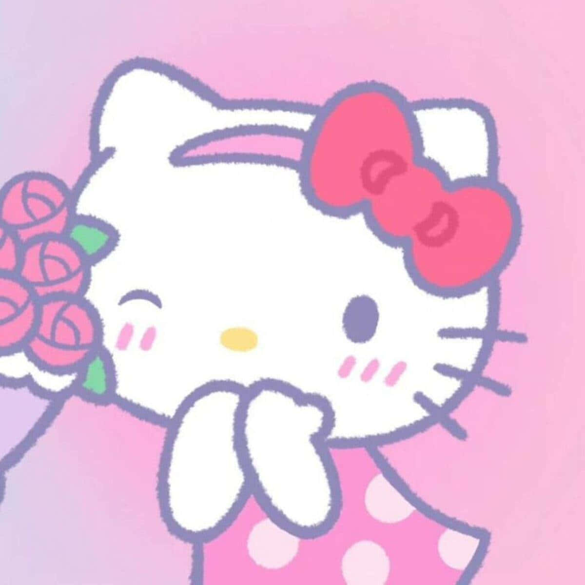 Kawaii Hello Kitty 桌布 壁紙 — Hello Kitty 在粉紅色漸層背景前甜美微笑，手持粉紅玫瑰。