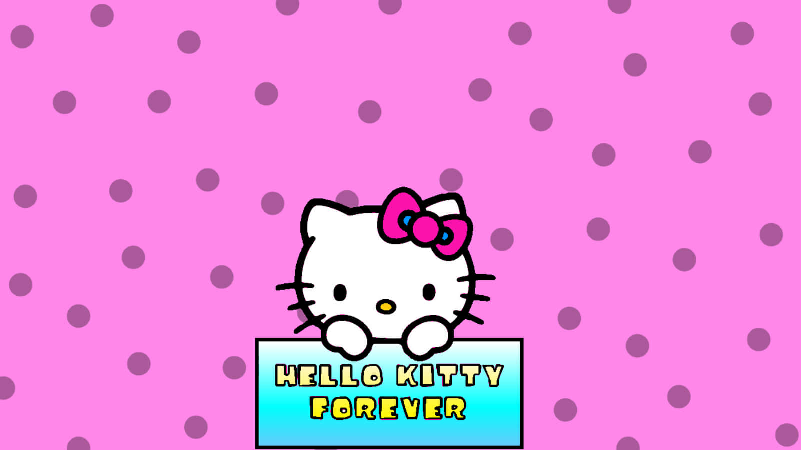 Hello Kitty Laptop 桌布 壁紙 — Hello Kitty 在粉紅色圓點背景上，從一個寫著 'HELLO KITTY FOREVER' 的藍色標誌牌上方偷看。
